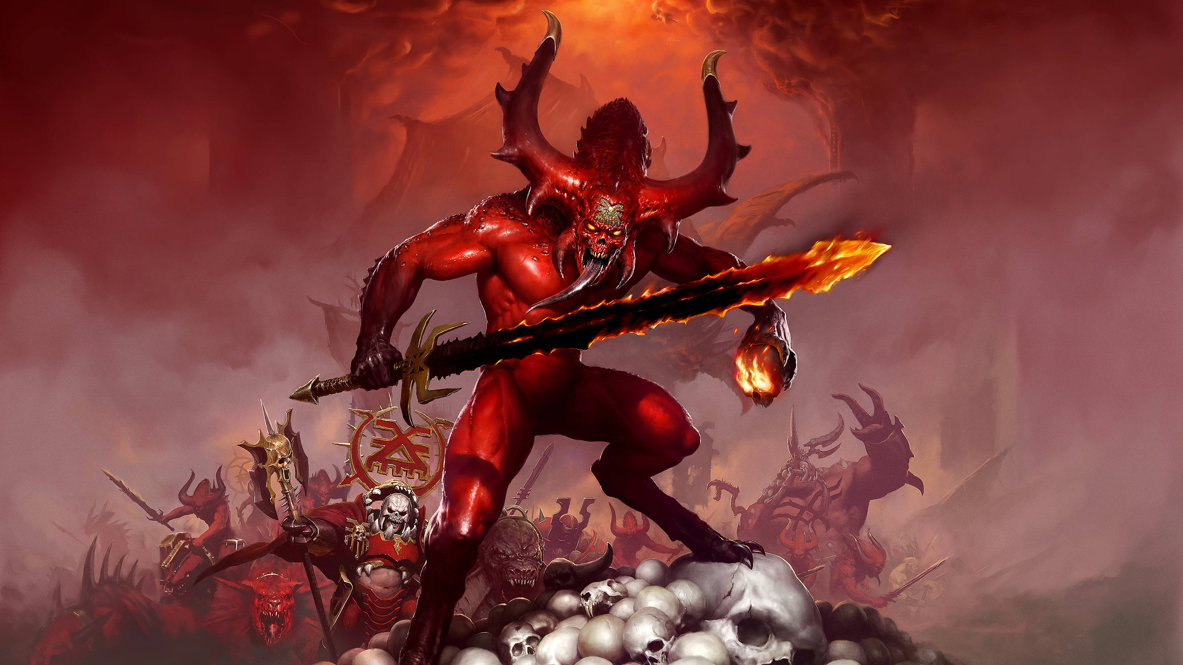 Warhammer 40000 Dawn Of War, red demon, flaming sword, 4K Desktop Wallpaper