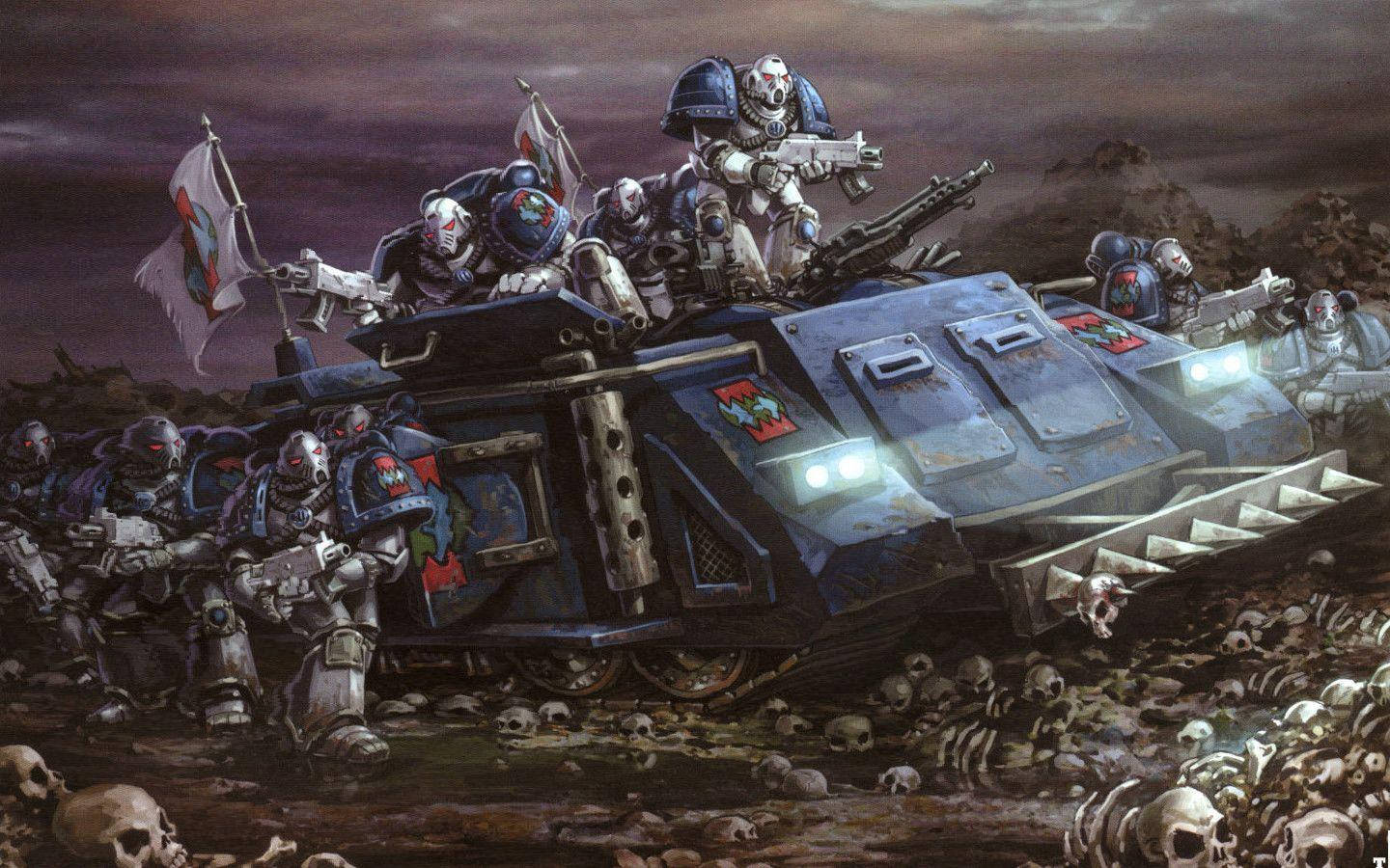 Warhammer 40K, blue power armor, battle tank, HD Desktop Wallpaper