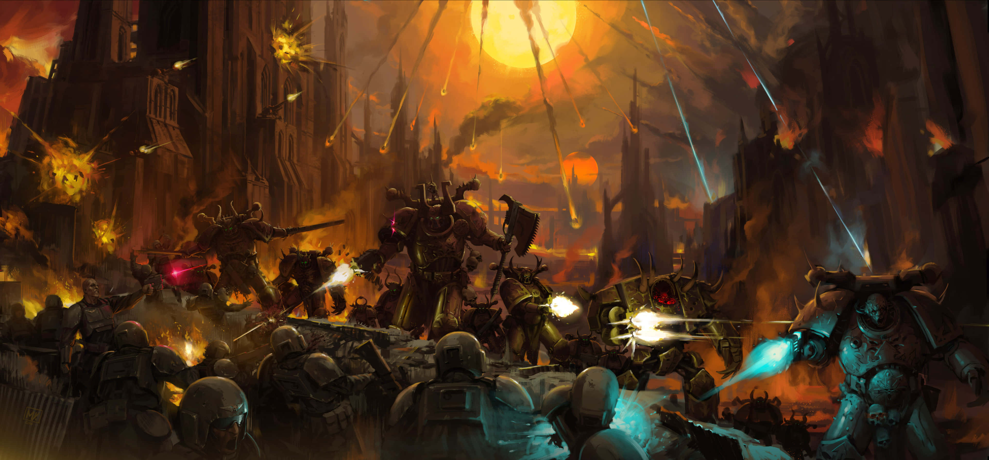 Warhammer 4K, fiery ruined city, blazing orange sun, 4K Desktop Wallpaper