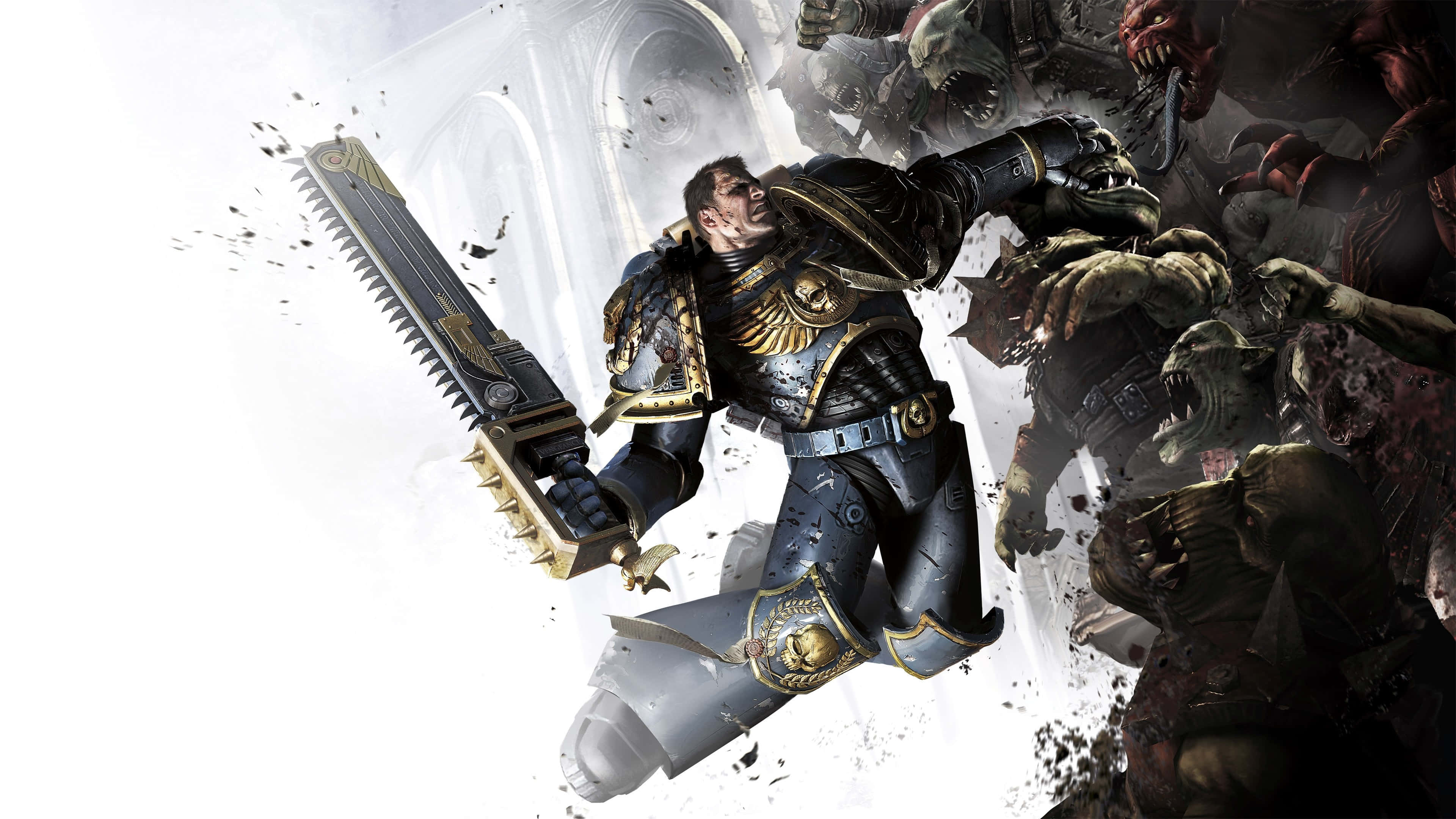 Warhammer 4K, chainsword, heavily armored warrior, 4K Desktop Wallpaper