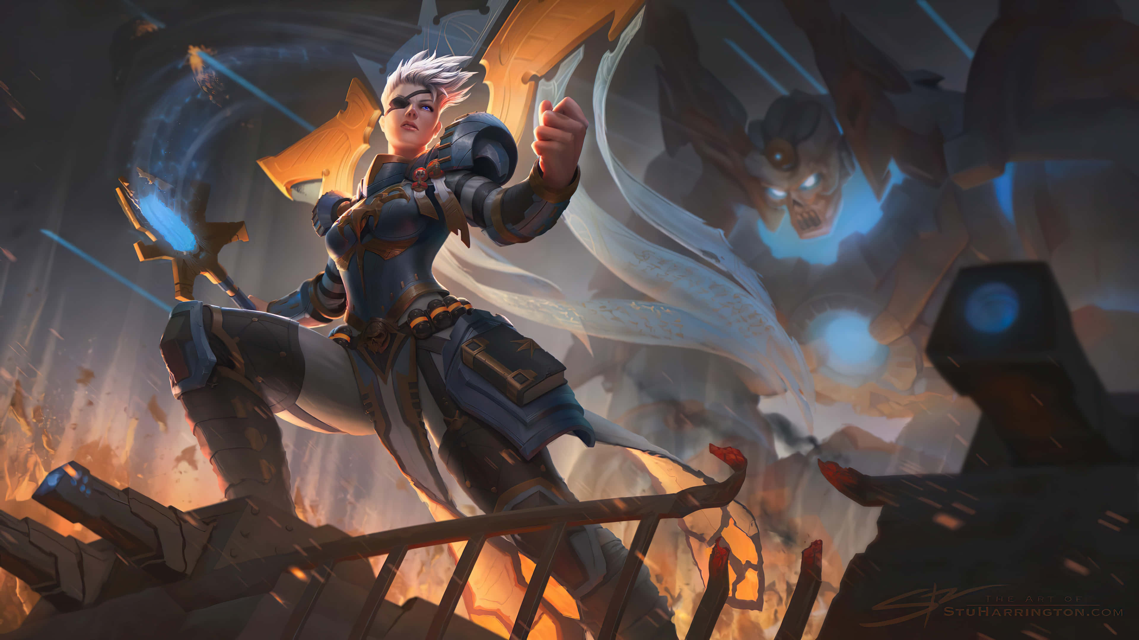 Warhammer 4K, white hair, glowing blue weapon, 4K Desktop Wallpaper