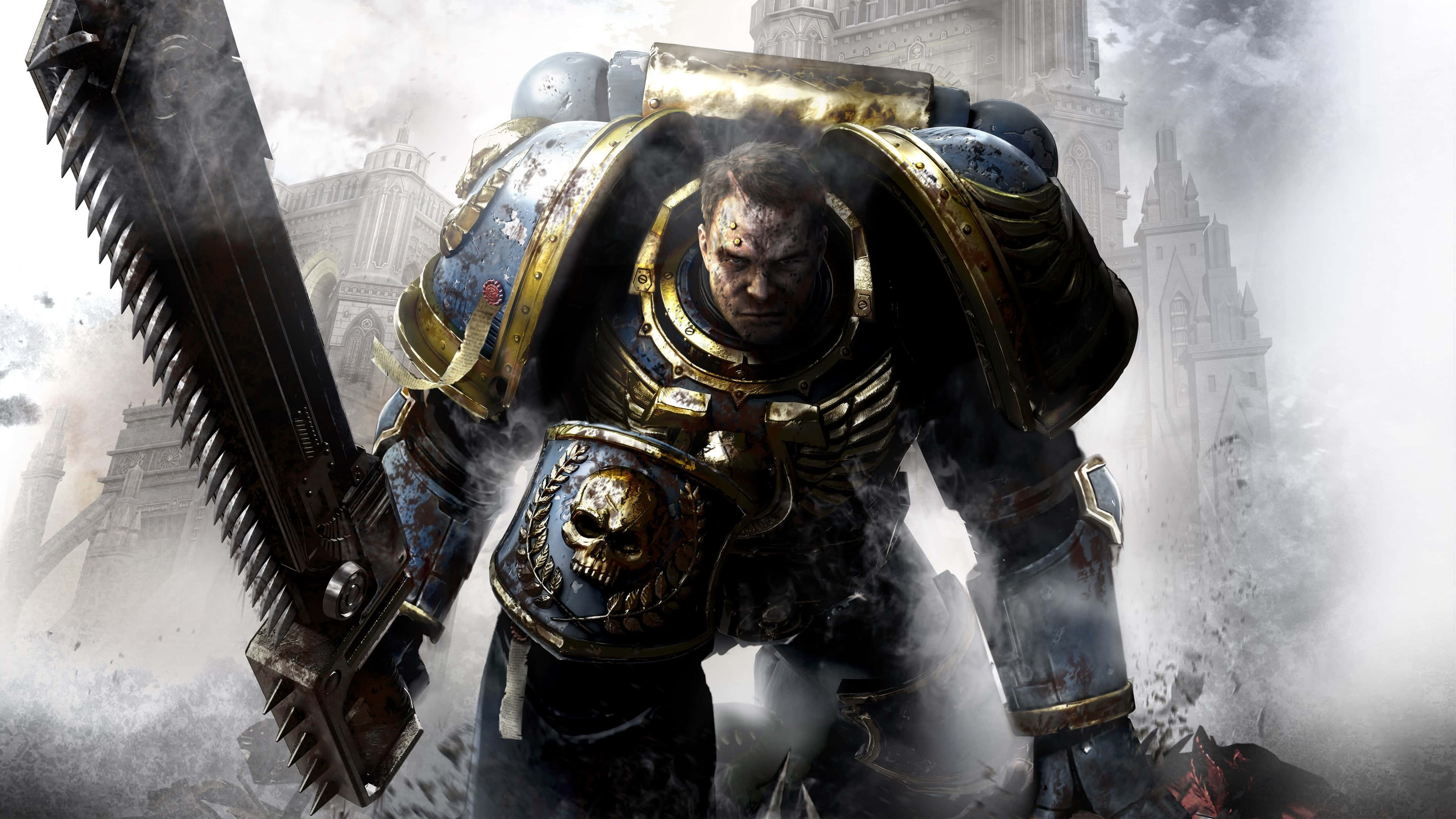 Warhammer 4K, grim warrior, ornate blue and gold armor, 4K Desktop Wallpaper