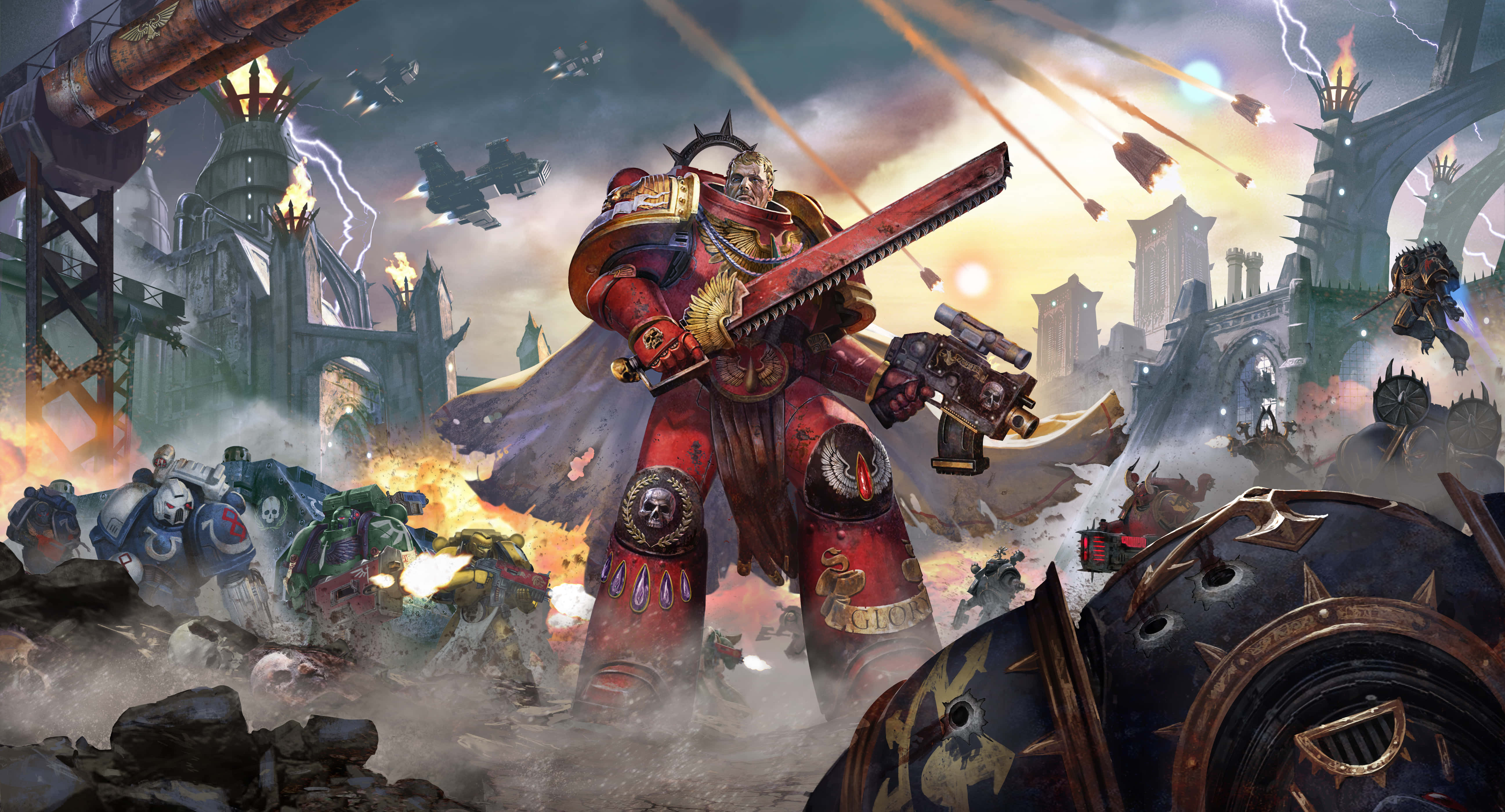 Warhammer 4K, red-armored warrior, chainsword, 5K Desktop Wallpaper