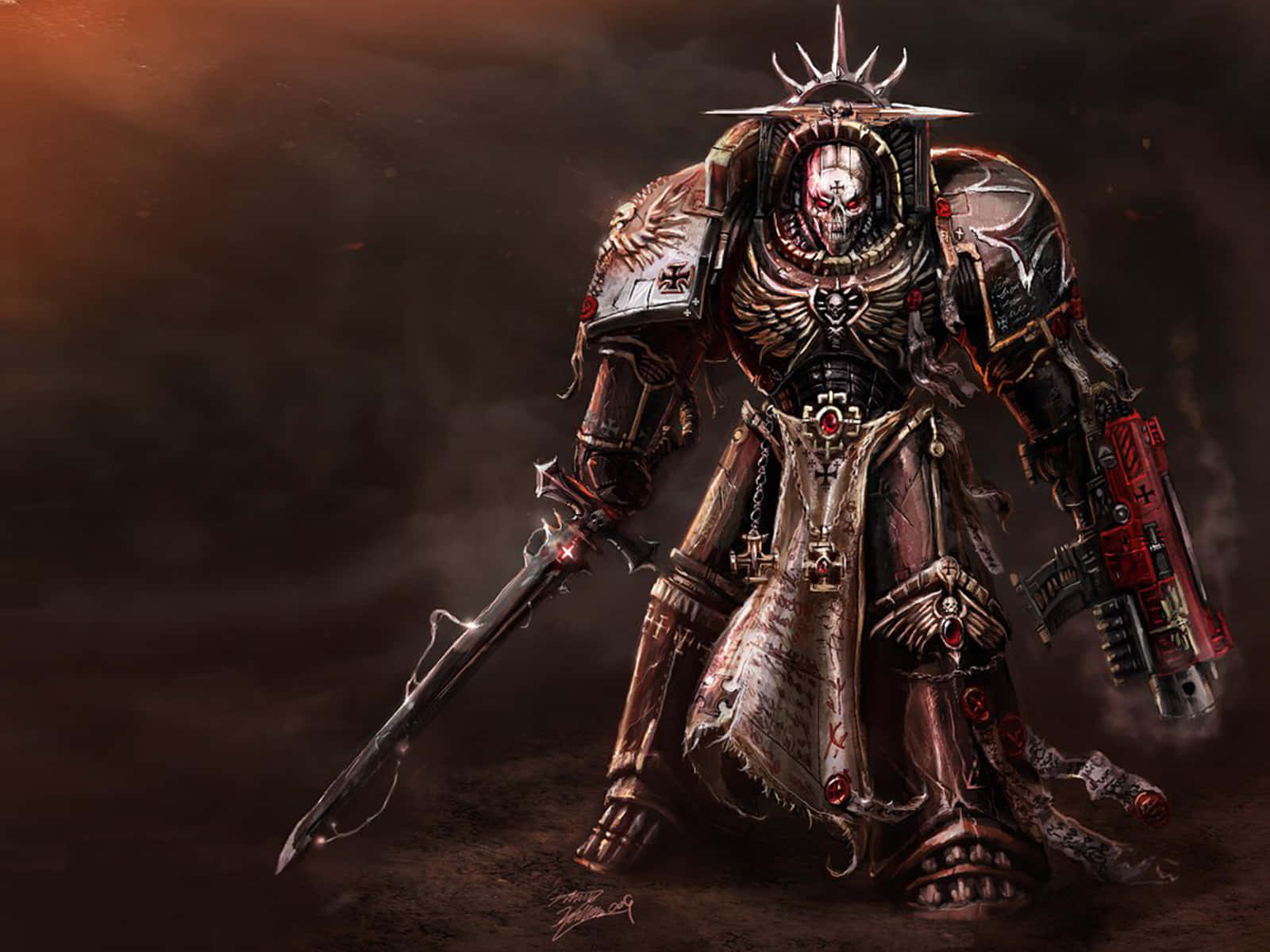 Warhammer 4K, spiked helmet, glowing red eyes, HD Desktop Wallpaper