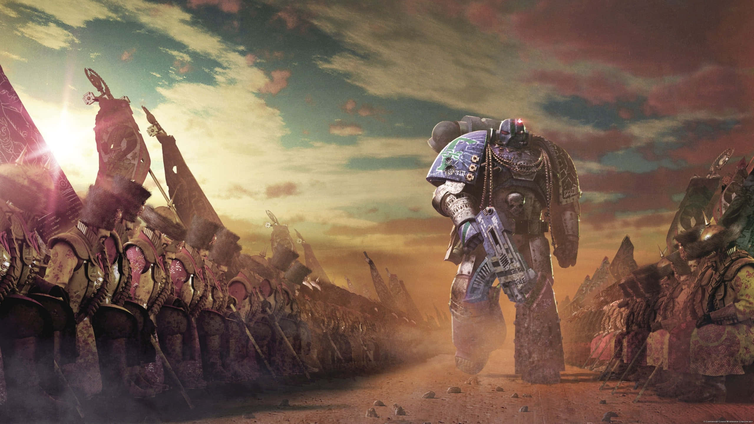 Warhammer 4K, armored warrior, massive army of battle-scarred soldiers, 2K Desktop Wallpaper