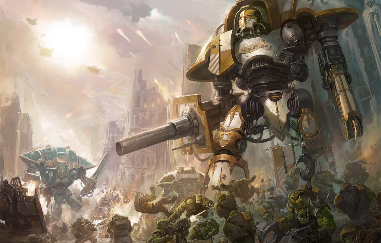 Warhammer 4K, golden armored mech, ruined city battlefield, HD Desktop Wallpaper