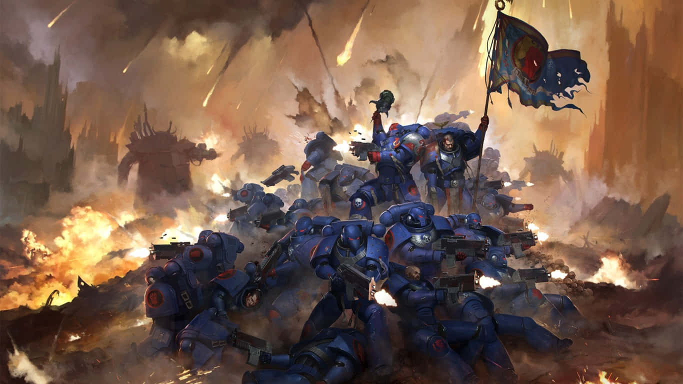 Warhammer 4K, armored warriors, fiery battlefield smoke, HD Desktop Wallpaper
