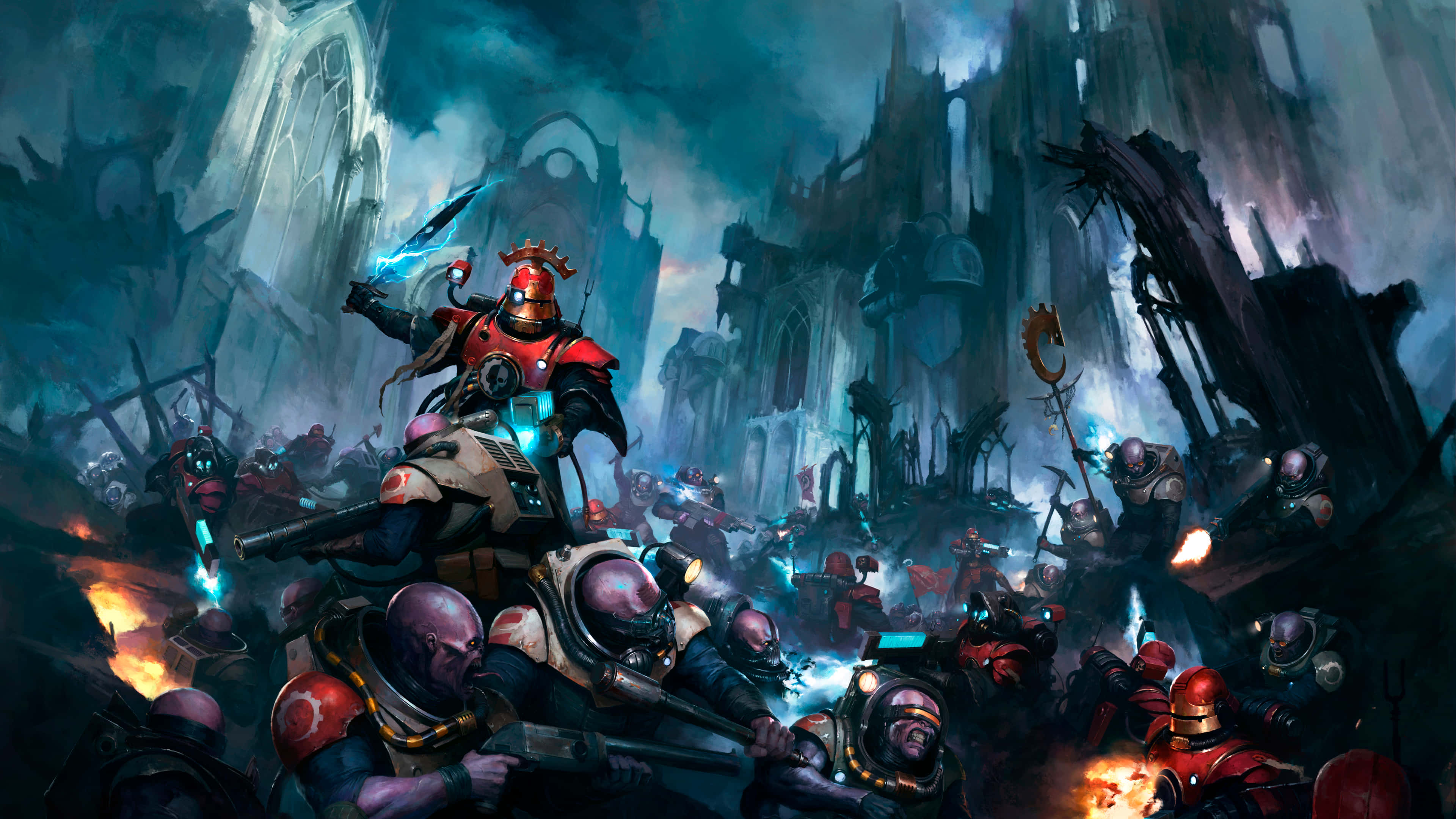 Warhammer 4K, red-armored warrior, chaotic battle, 4K Desktop Wallpaper