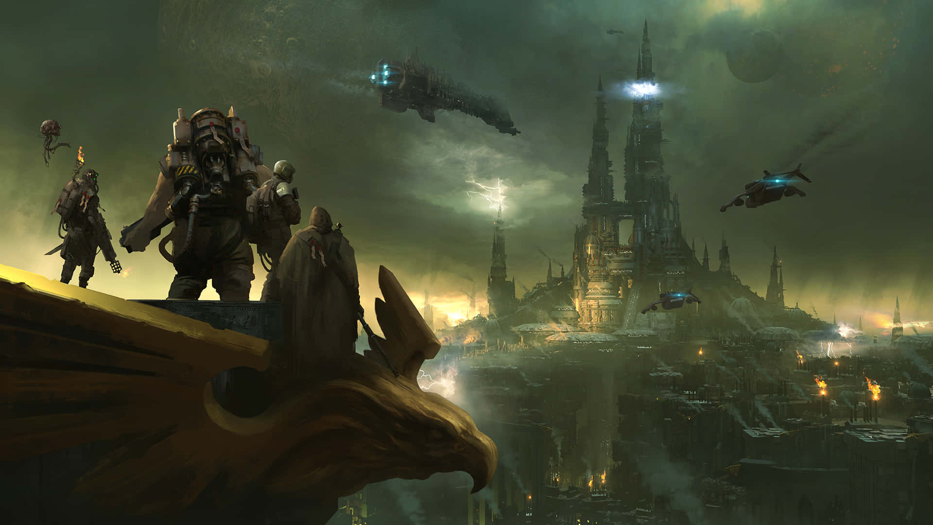 Warhammer 4K, Grim armored warriors, dragon head, Full HD Desktop Wallpaper