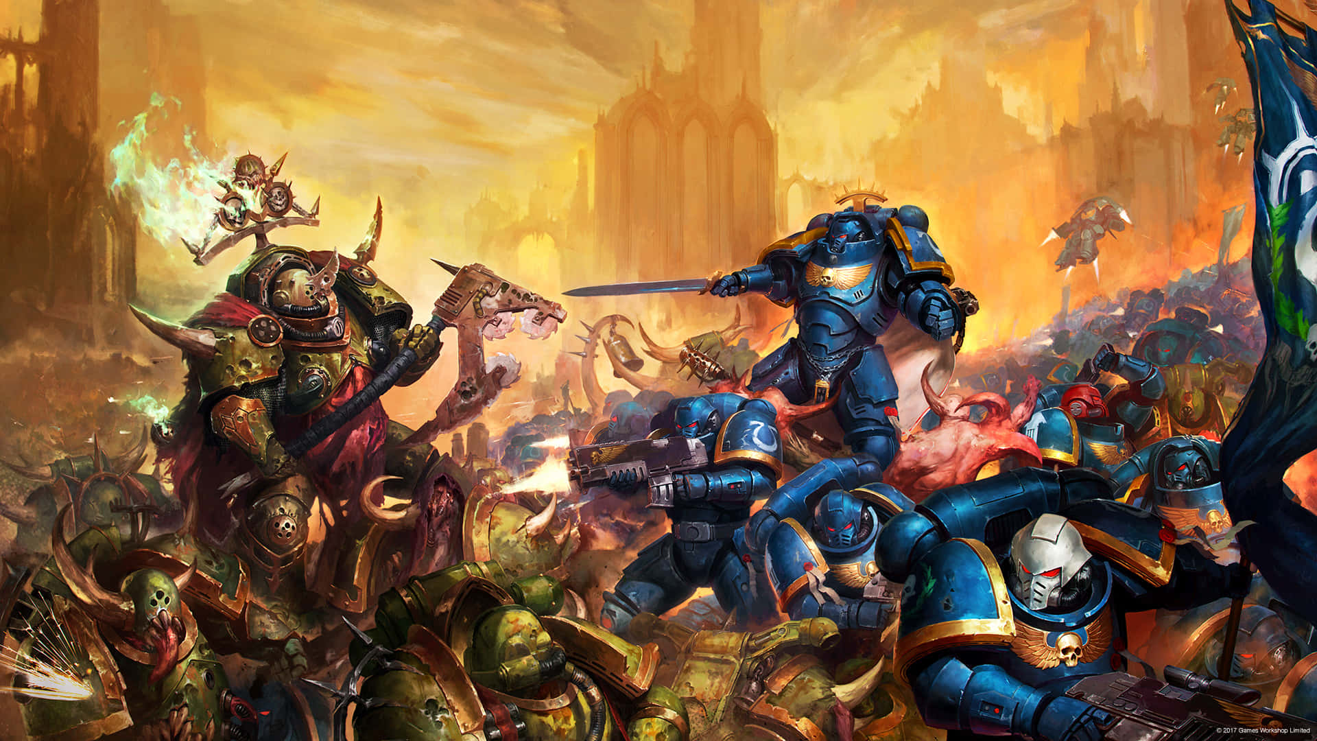 Warhammer 4K, armored warriors, fiery battle, Full HD Desktop Wallpaper