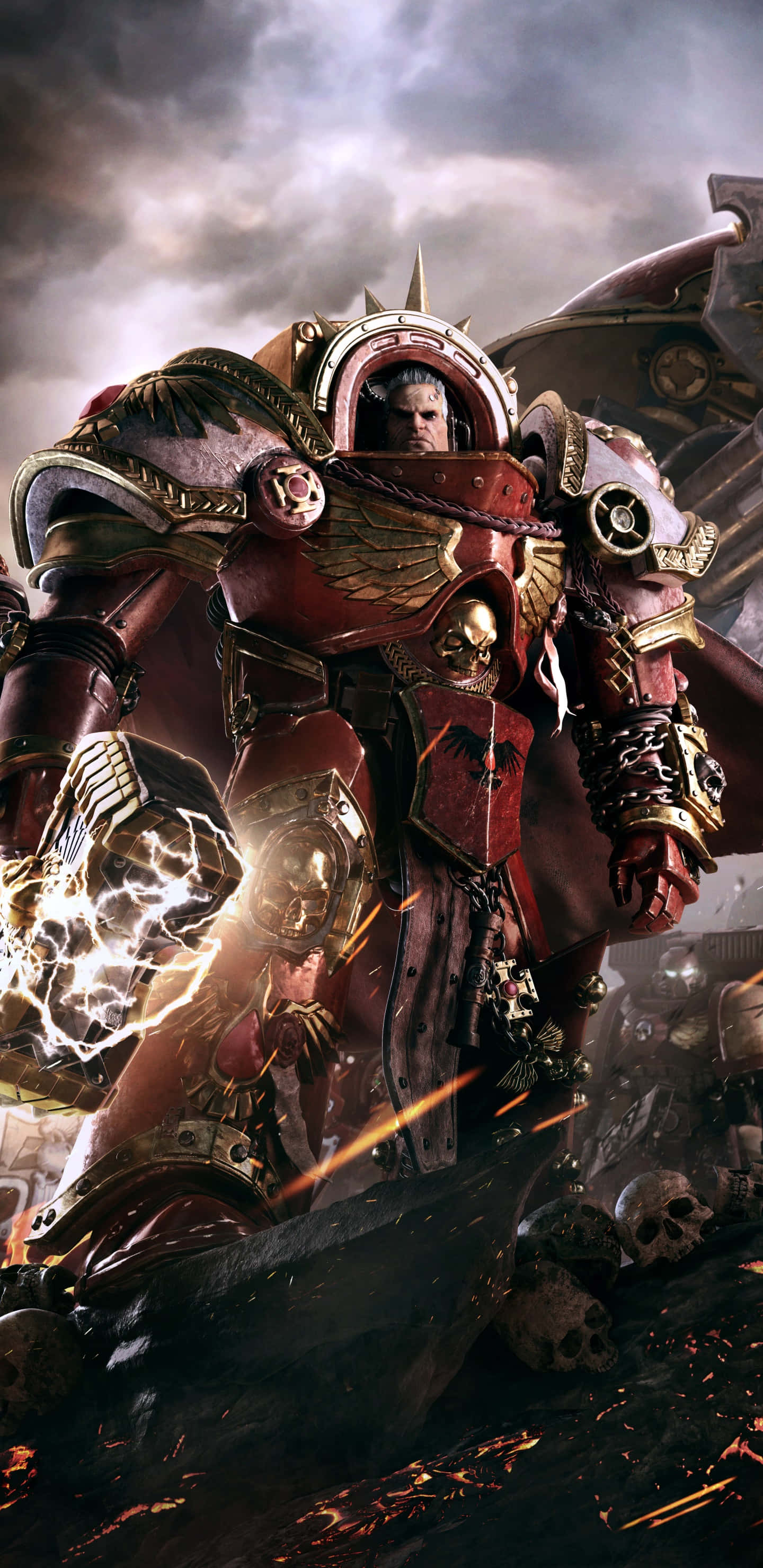 Warhammer 4K, dwarven army, red and gold power armor, 2K Phone Wallpaper