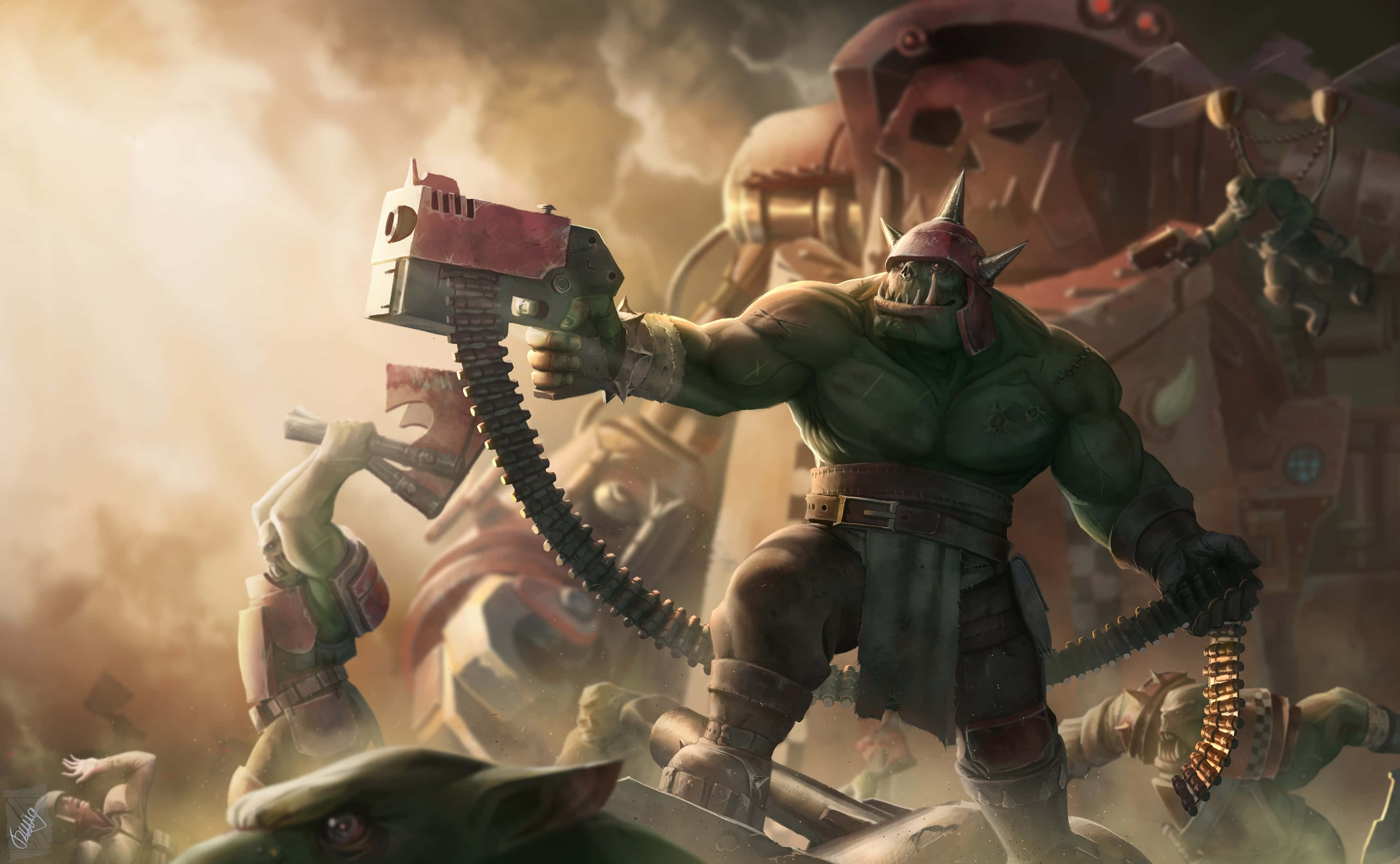 Warhammer 4K, orc warrior, chain gun, 4K Desktop Wallpaper