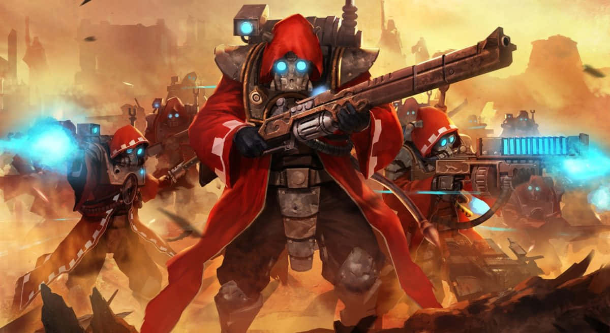 Warhammer 4K, red cloaks, glowing blue weapons, SD Desktop Wallpaper