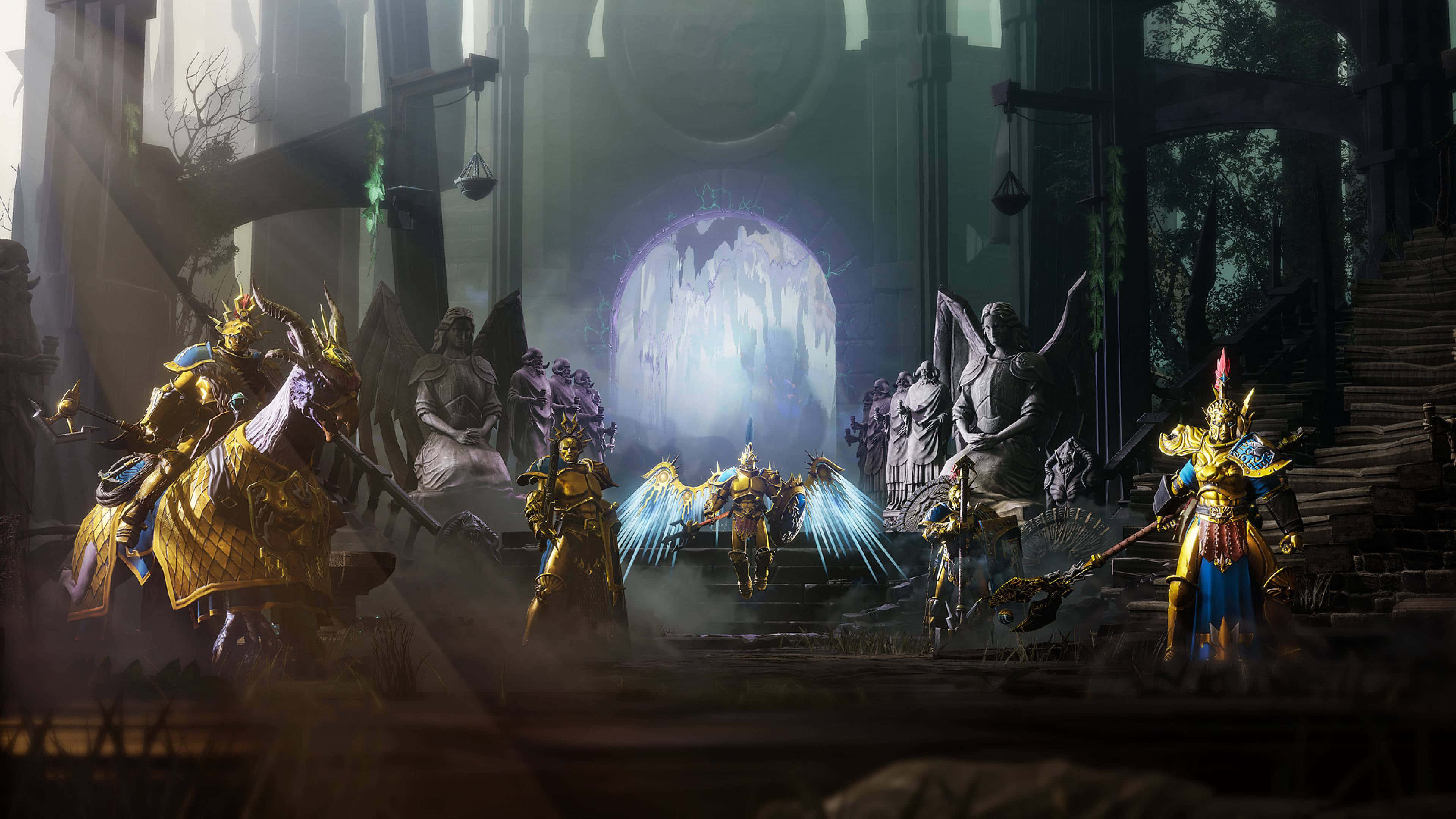 Warhammer 4K, golden armored warriors, glowing wings, 4K Desktop Wallpaper