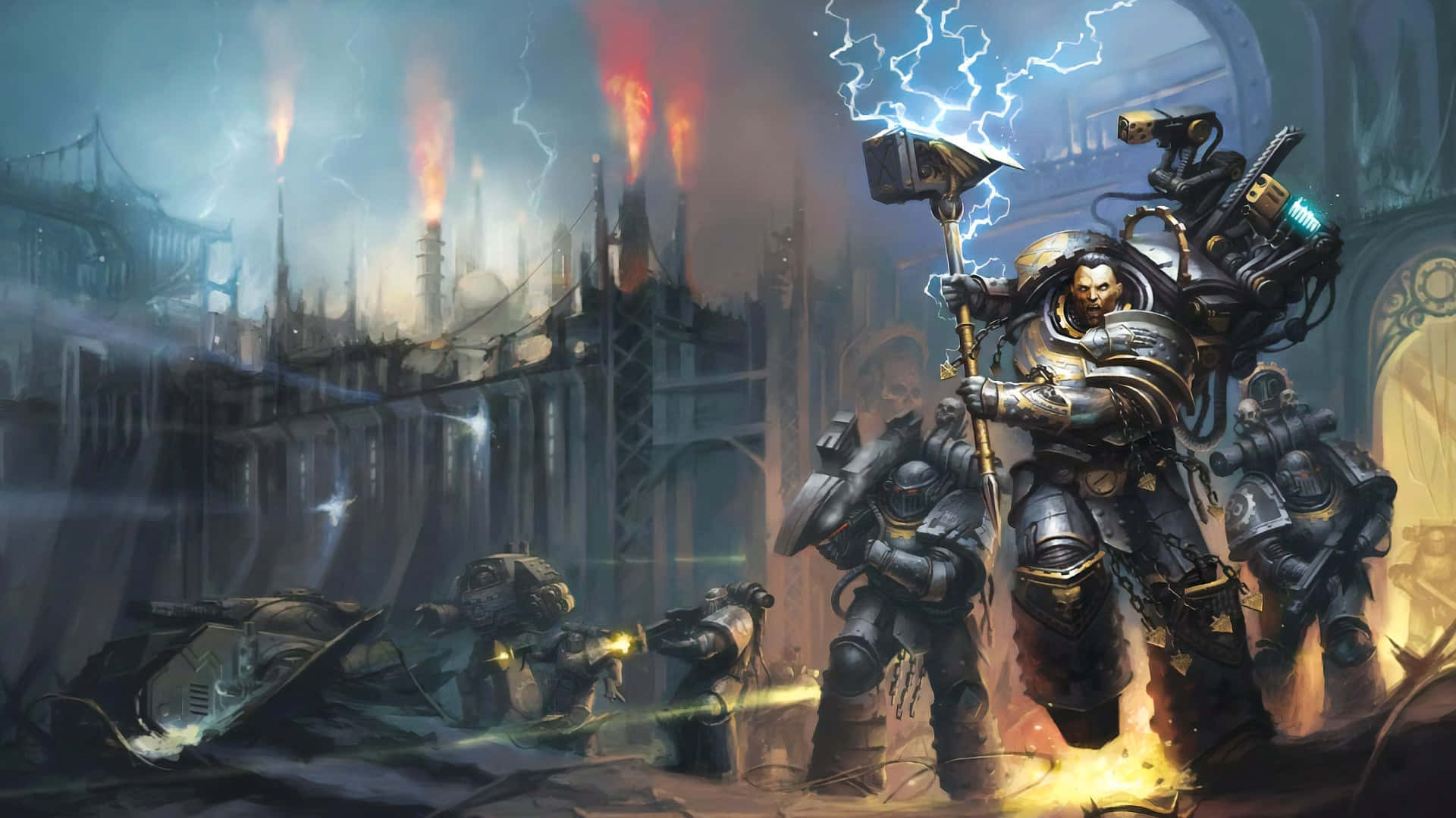 Warhammer 4K, glowing hammer, stormy, war-torn cityscape, Full HD Desktop Wallpaper