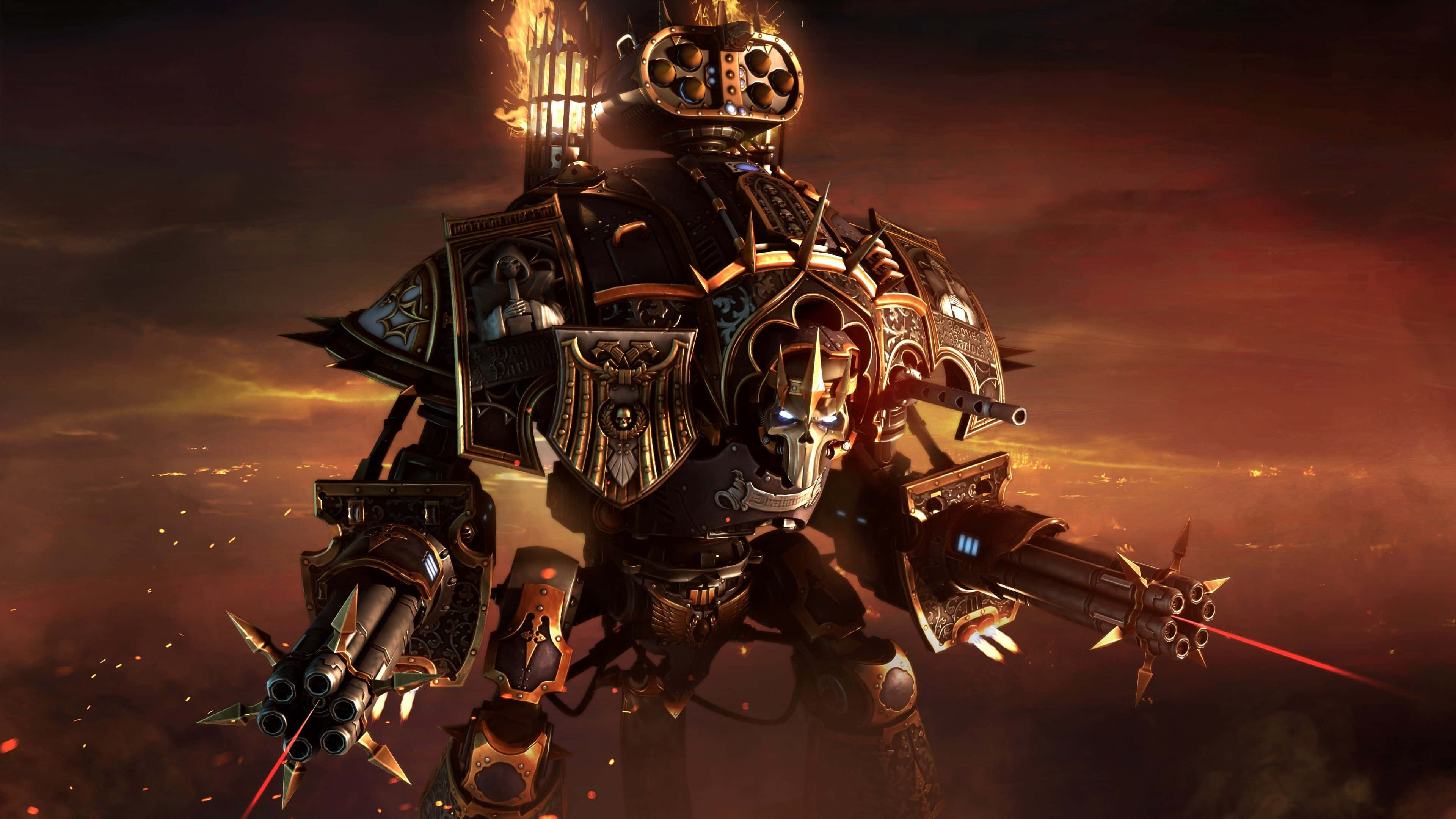 Warhammer 4K, glowing blue eyes, fiery weapon, 4K Desktop Wallpaper