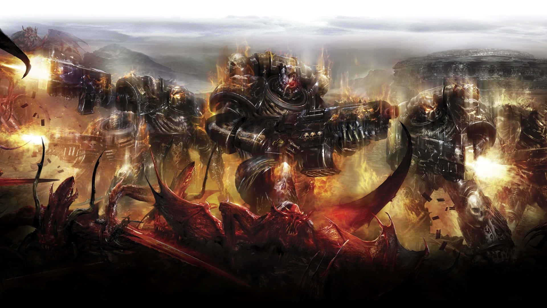 Warhammer 40,000, giant armored warriors, monstrous red creatures, Full HD Desktop Wallpaper