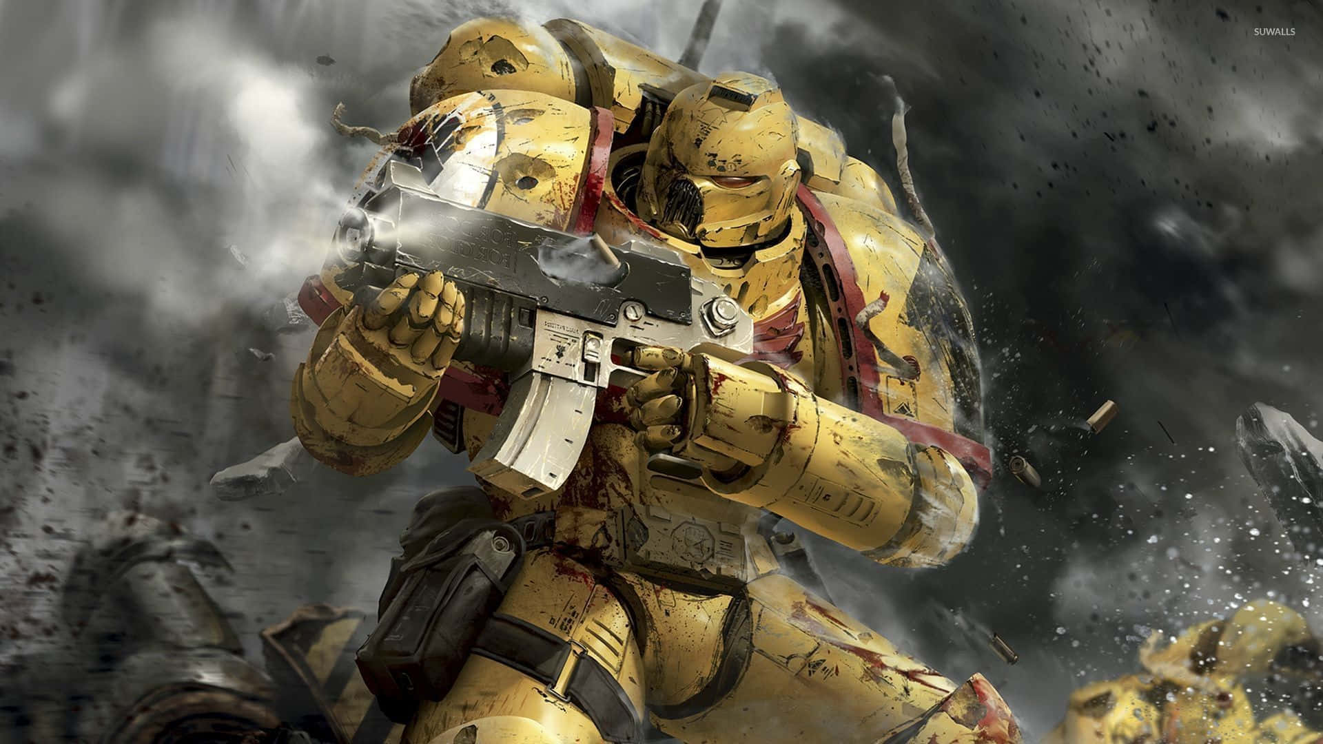 Warhammer 4K, yellow armored soldier, chaotic battlefield, Full HD Desktop Wallpaper
