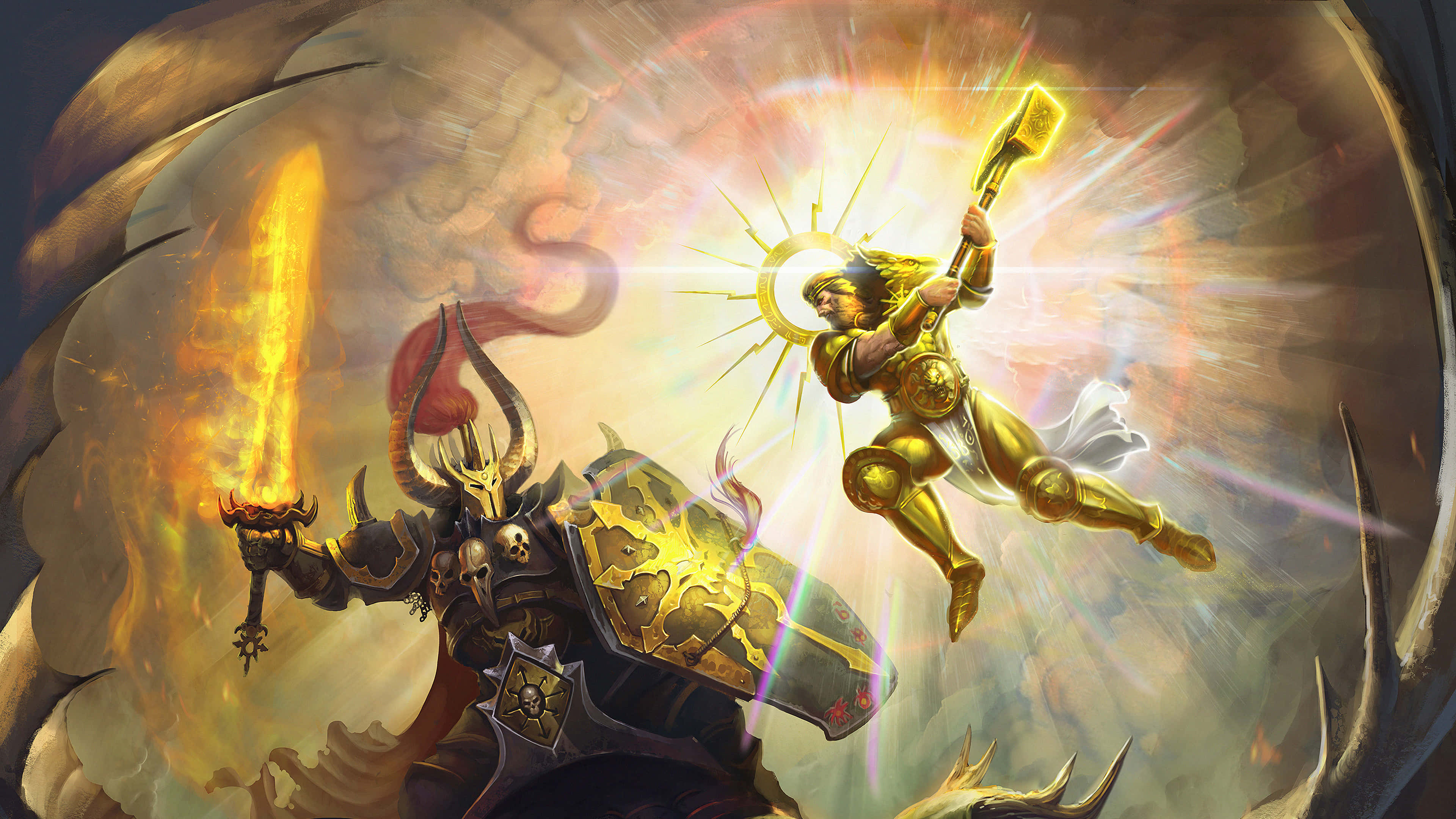 Warhammer 4K, golden-armored warrior, glowing hammer, 4K Desktop Wallpaper