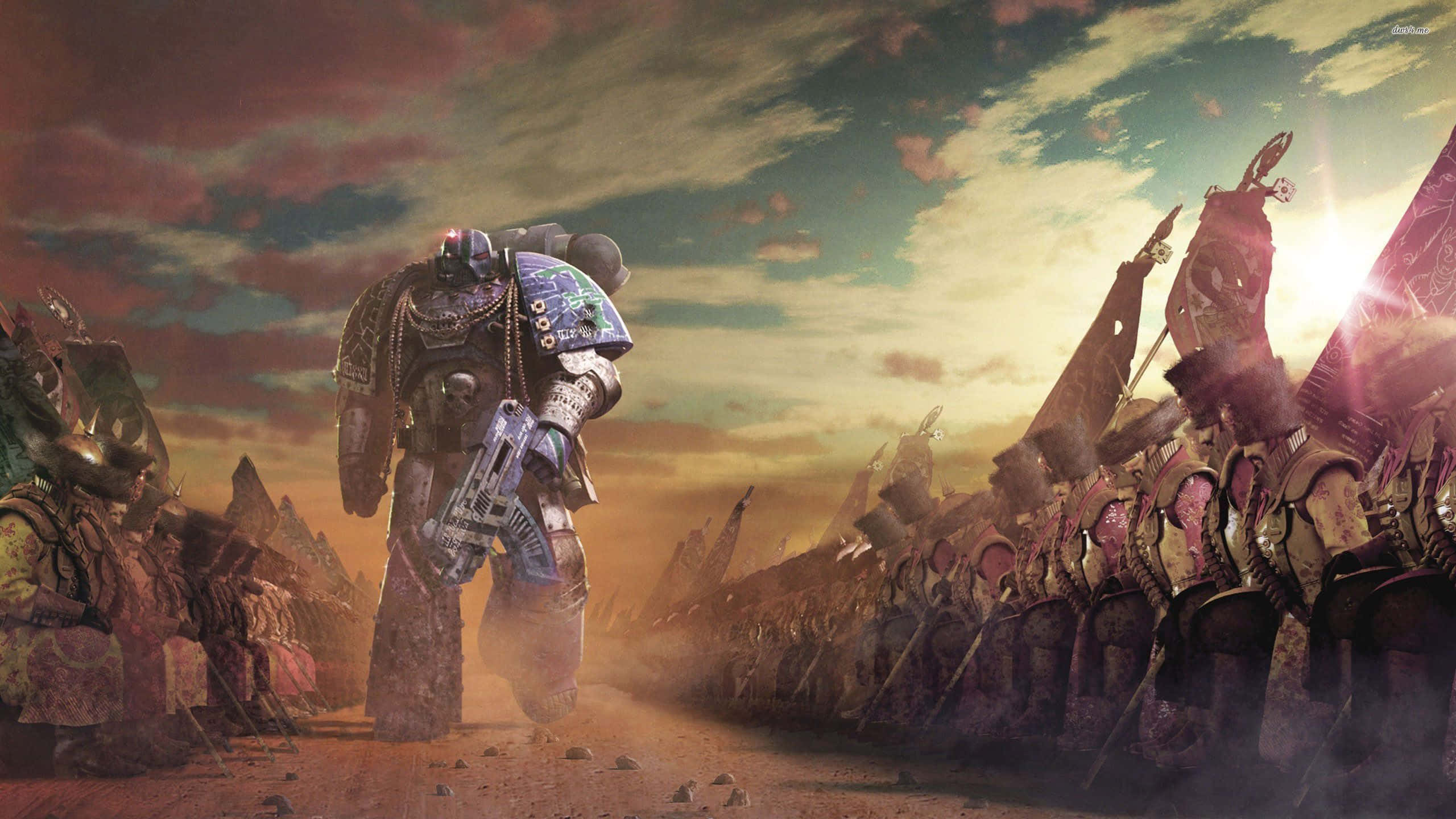 Warhammer 4K, armored warrior, dusty battlefield, 2K Desktop Wallpaper