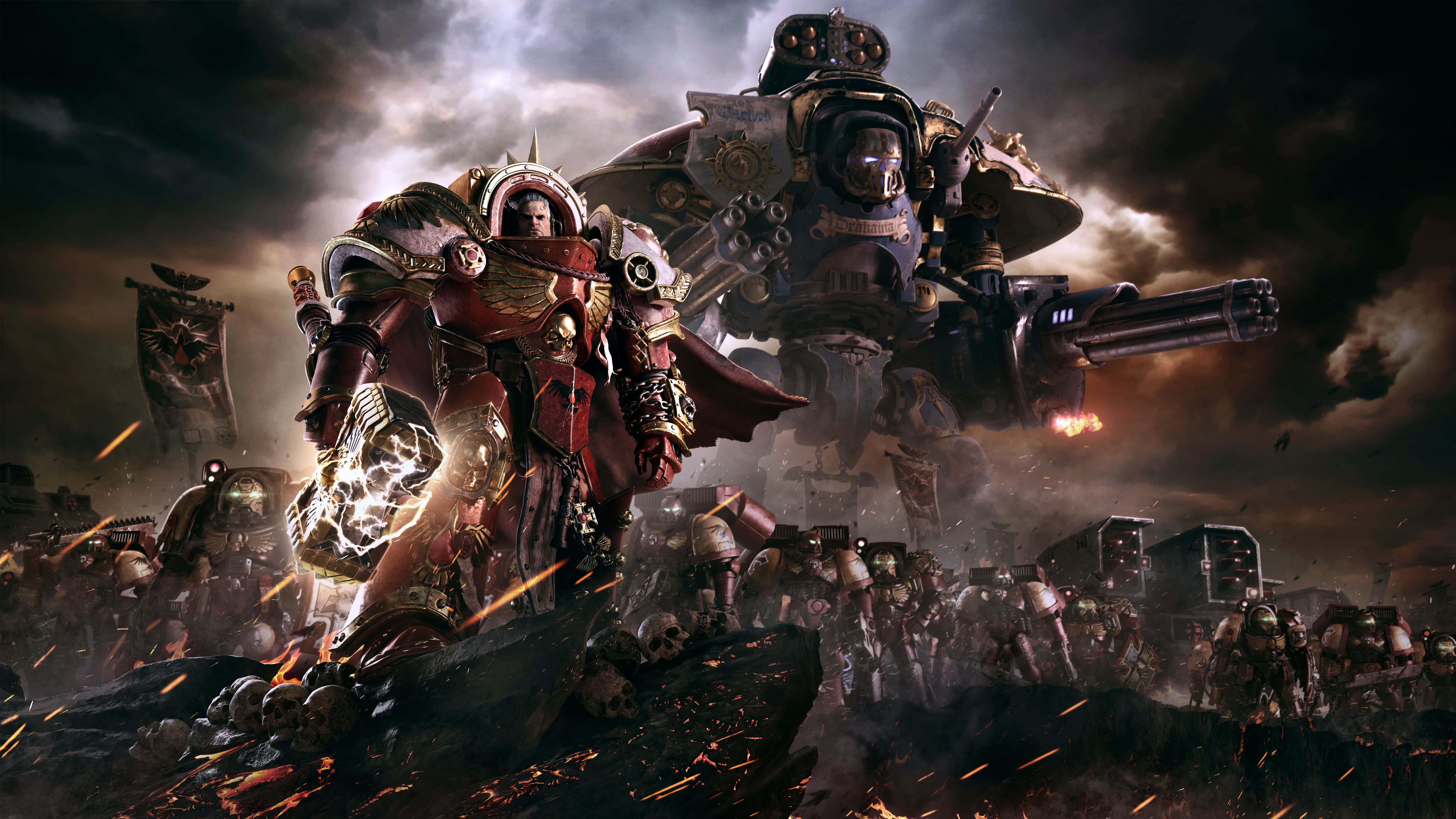 Warhammer 4K, grim warlord, ornate red armor, 8K Desktop Wallpaper