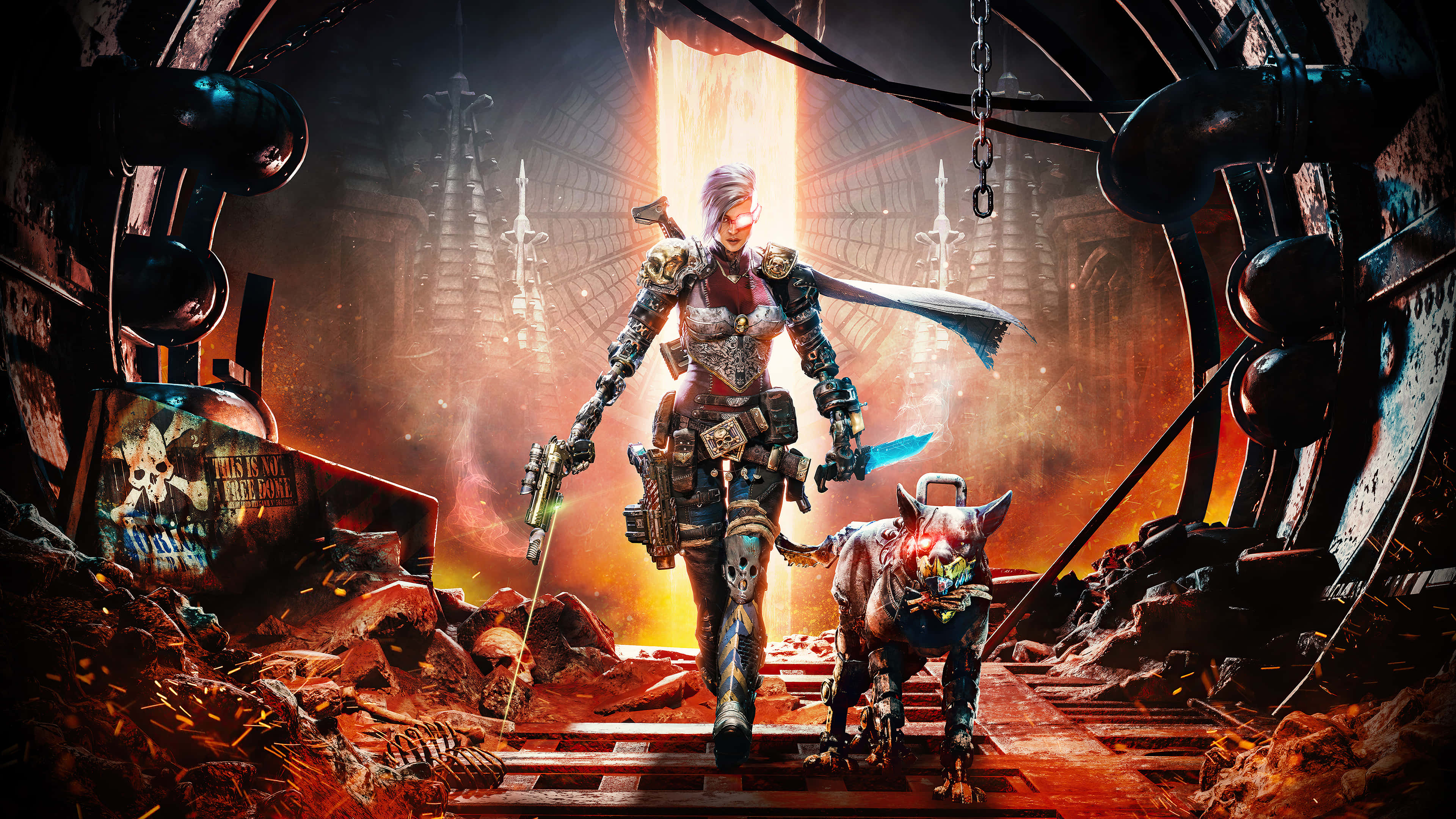 Warhammer 4K, cybernetic armor, glowing sword, 4K Desktop Wallpaper