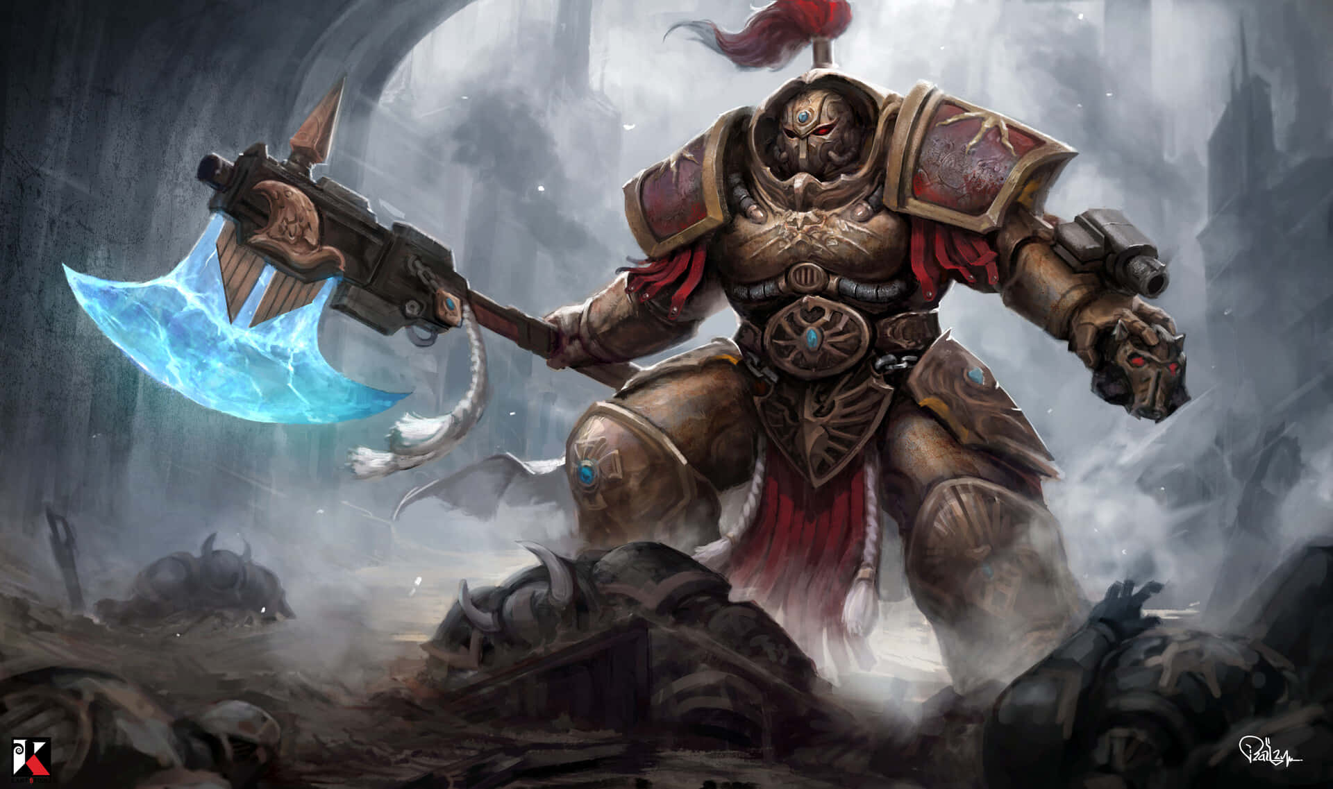 Warhammer 4K, glowing blue axe, battlefield, Full HD Desktop Wallpaper