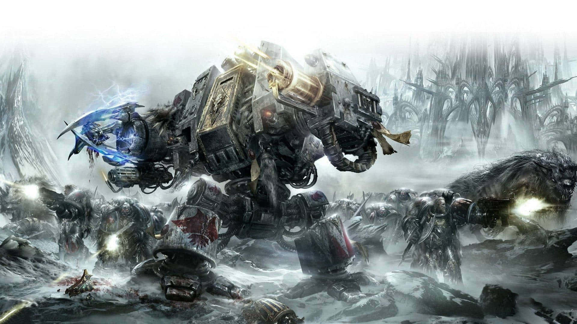 Warhammer 4K, massive armored war machine, snowy battlefield, Full HD Desktop Wallpaper