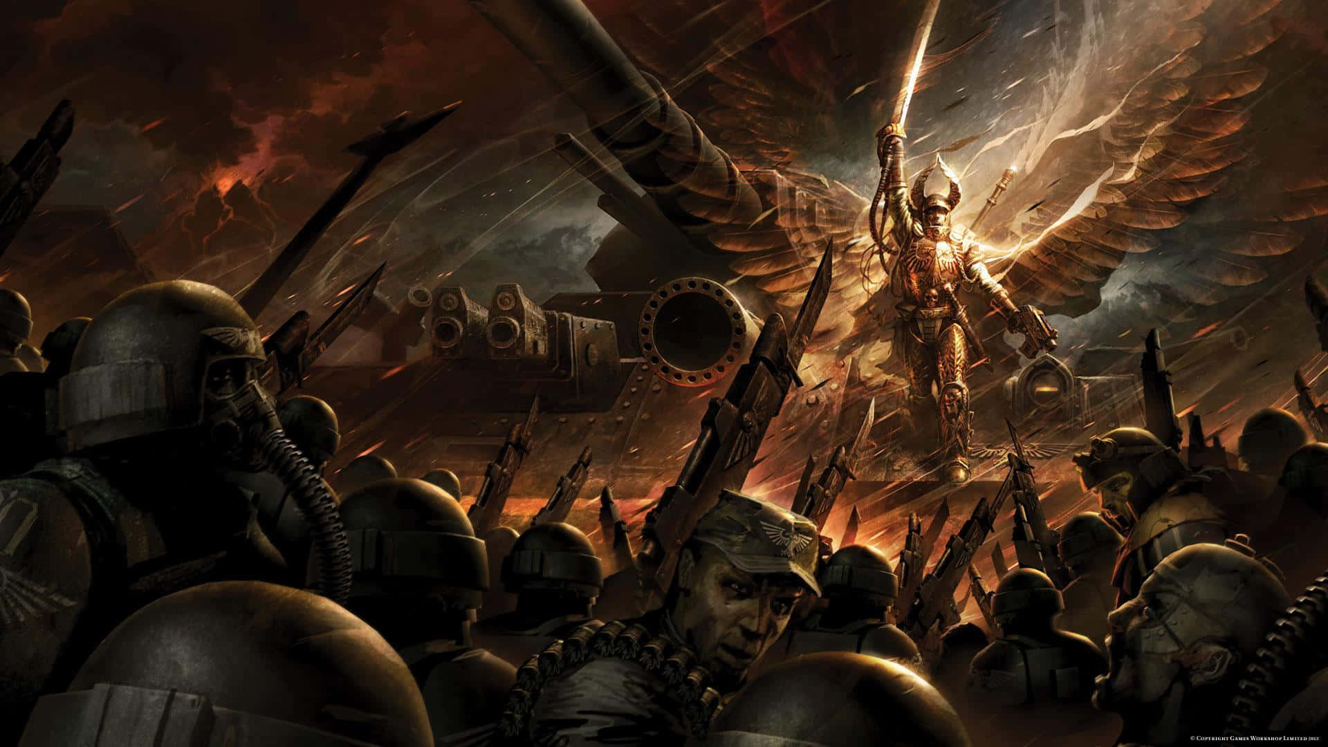 Warhammer 4K, golden-winged warrior, glowing sword, Full HD Desktop Wallpaper