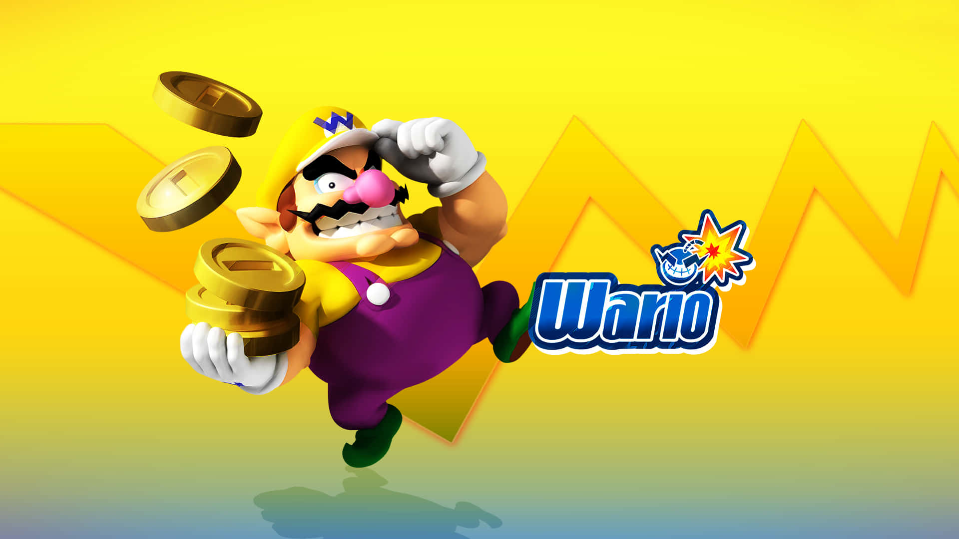 Wario, yellow background, gold coins, Full HD Desktop Wallpaper