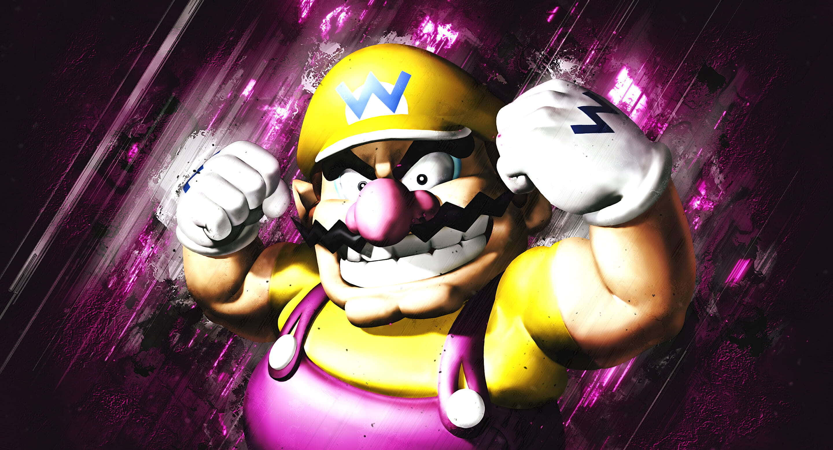 Wario, vibrant purple, pink glitchy background, 2K Desktop Wallpaper