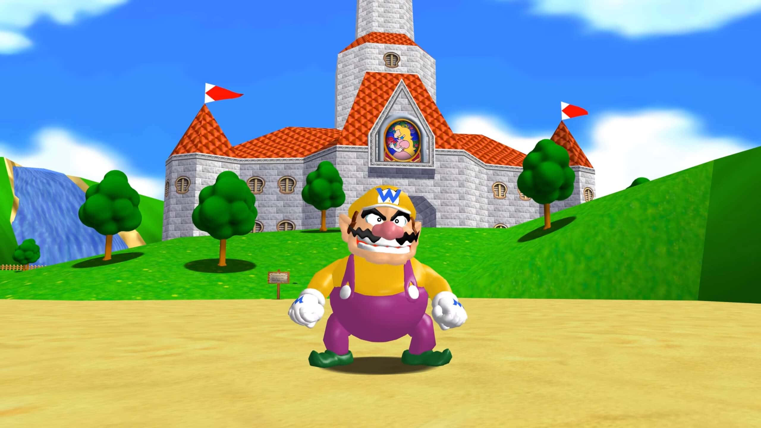 Wario, classic outfit, castle with red roofs, 2K Desktop Wallpaper
