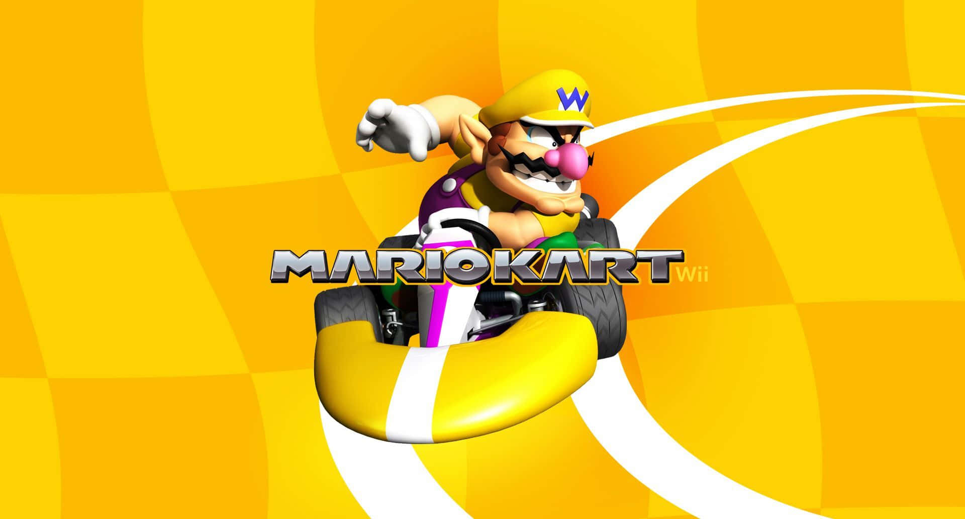 Wario, yellow kart, vibrant yellow checkered background, Full HD Desktop Wallpaper