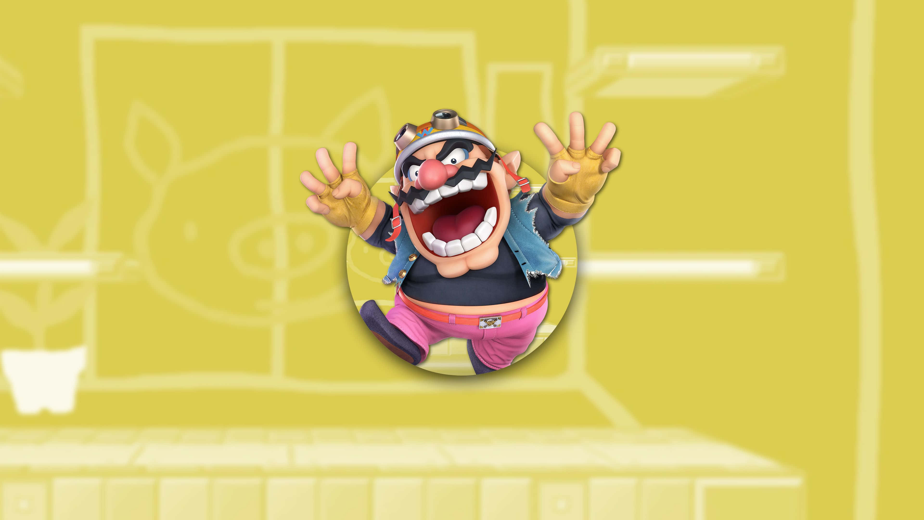 Wario, 3d-rendered game scene, yellow background, 4K Desktop Wallpaper