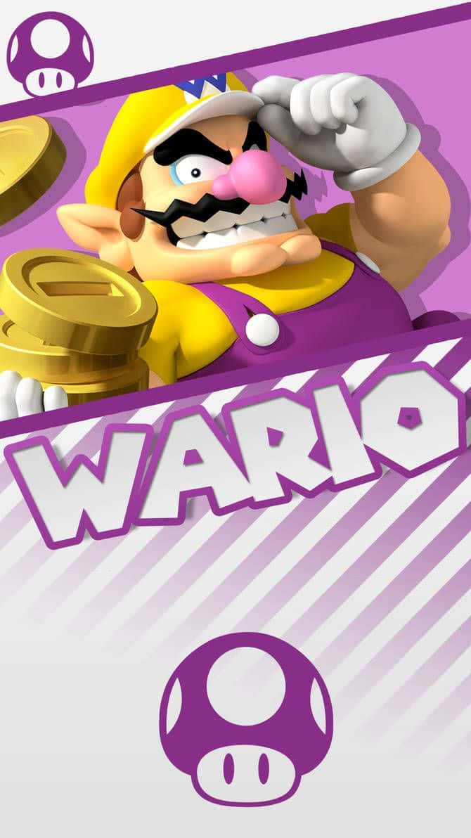 Wario, gold coins, purple and white striped background, SD Phone Wallpaper