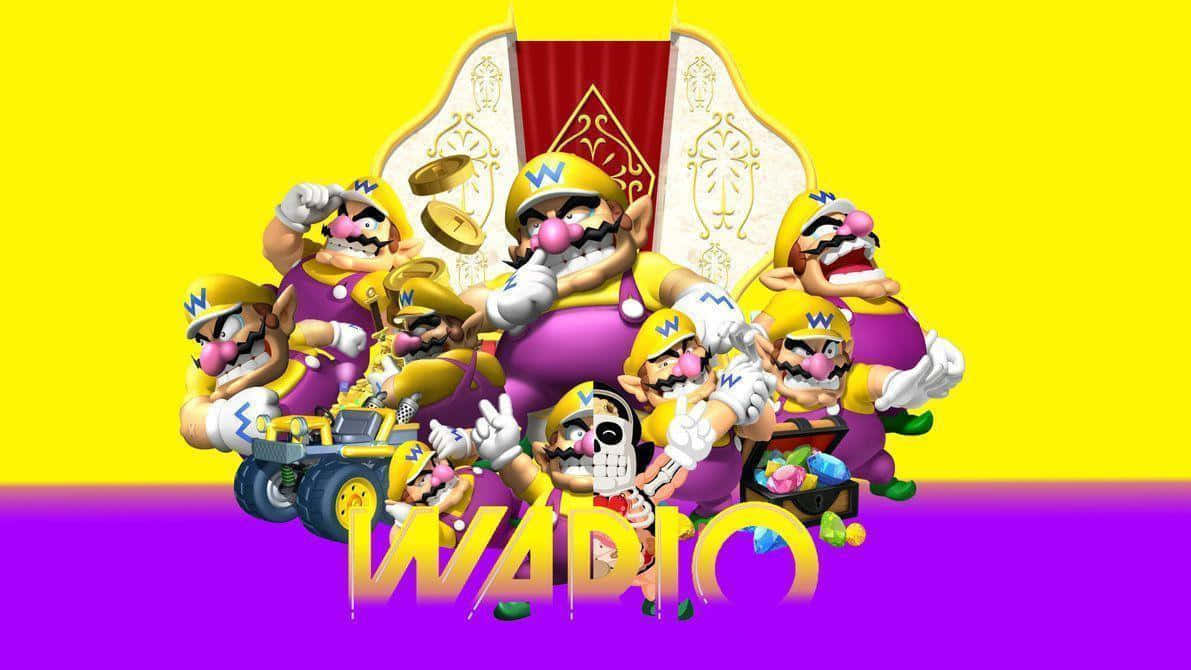 Wario, purple and yellow gear, yellow and purple gradient background, SD Desktop Wallpaper
