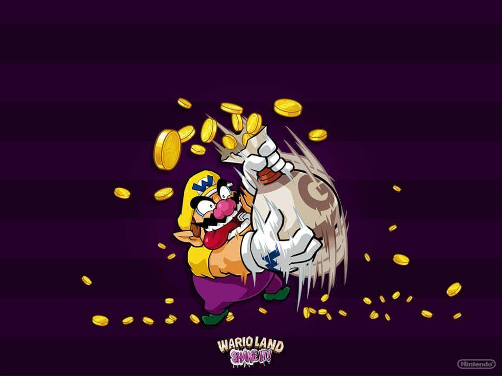 Wario, sack of gold coins, striped purple background, SD Desktop Wallpaper