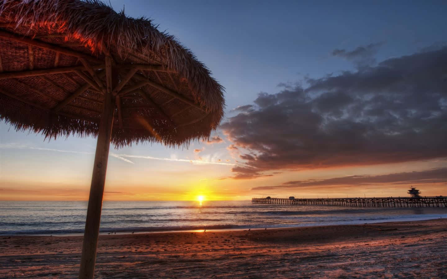 California summer, thatched beach umbrella, vibrant sunset, HD Desktop Wallpaper