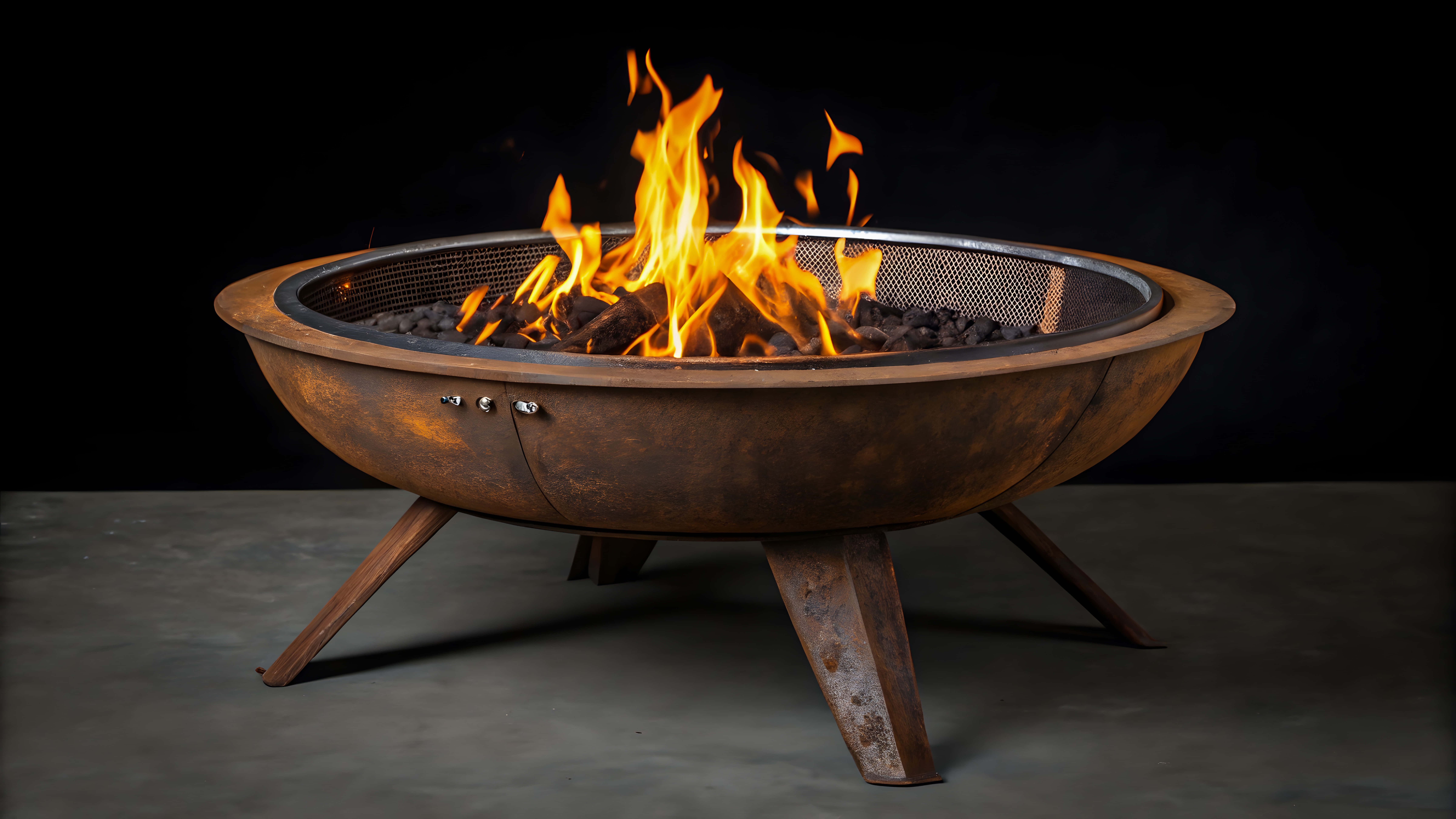 rustic metal fire pit, vibrant orange flames, glowing charcoal, 8K Desktop Wallpaper