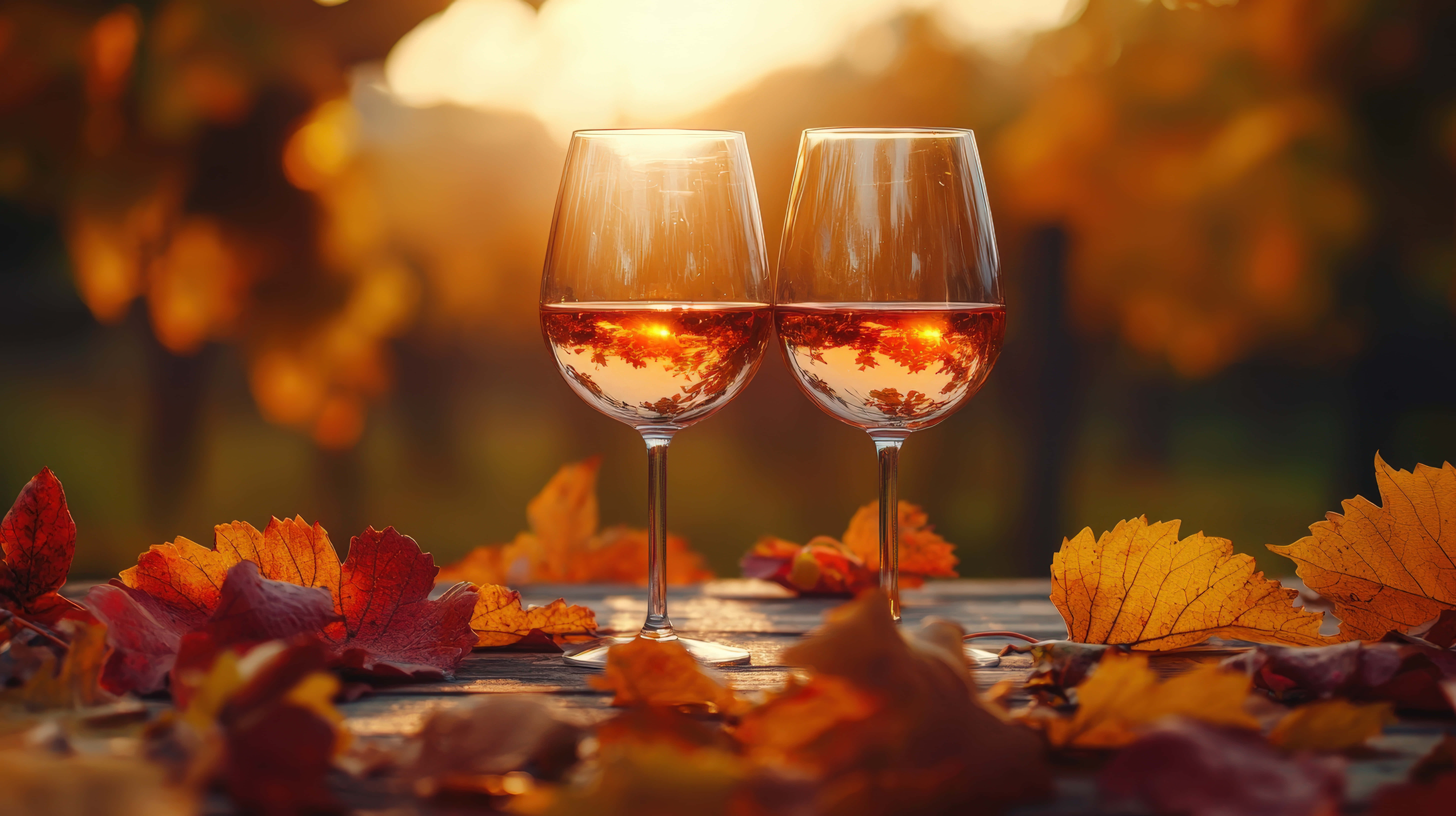 rose wine, vibrant autumn leaves, golden sunset, 8K Desktop Wallpaper