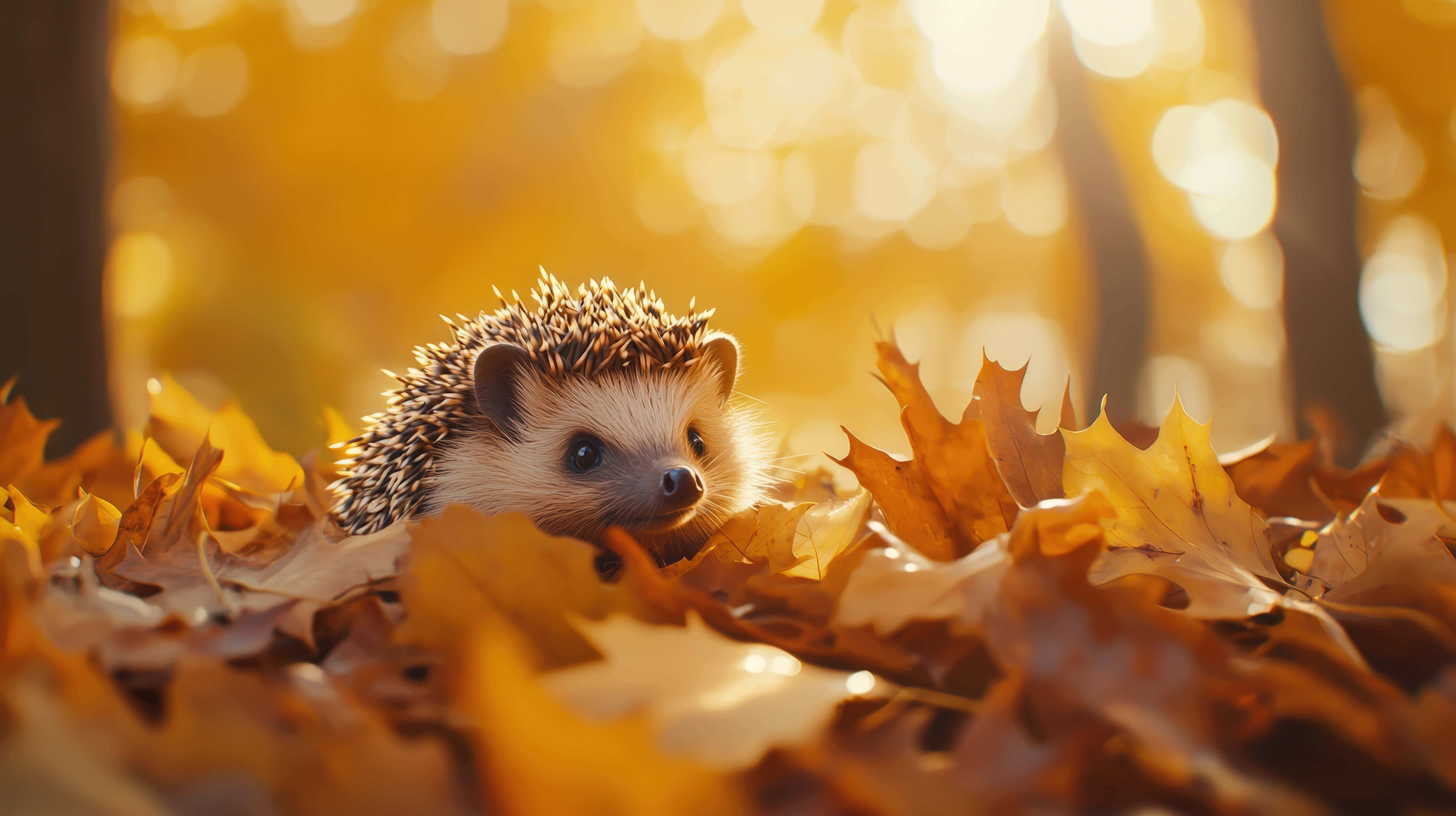 hedgehog, golden autumn leaves, warm sunlight, 8K Desktop Wallpaper