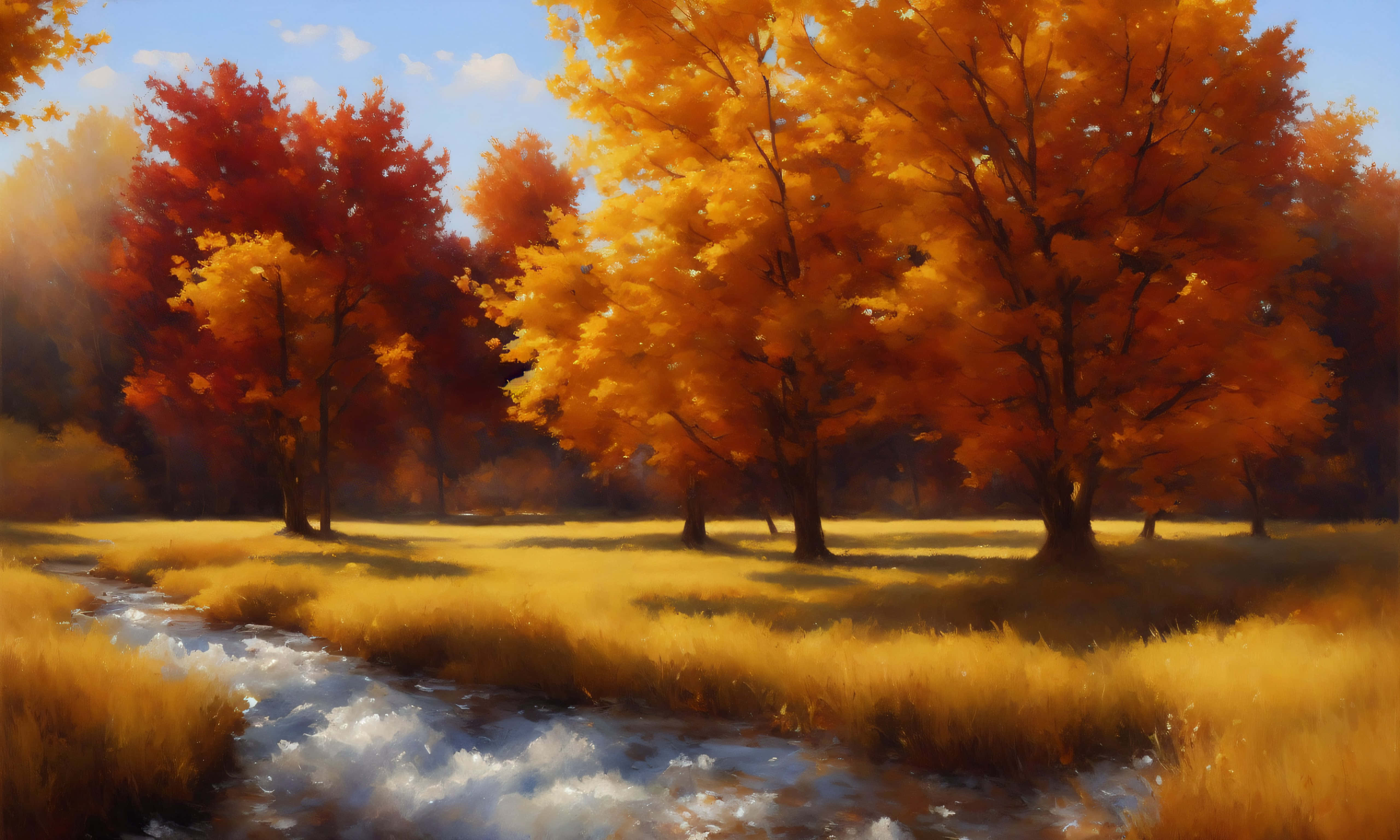 autumn forest, golden and crimson trees, warm sunlight, 5K Desktop Wallpaper