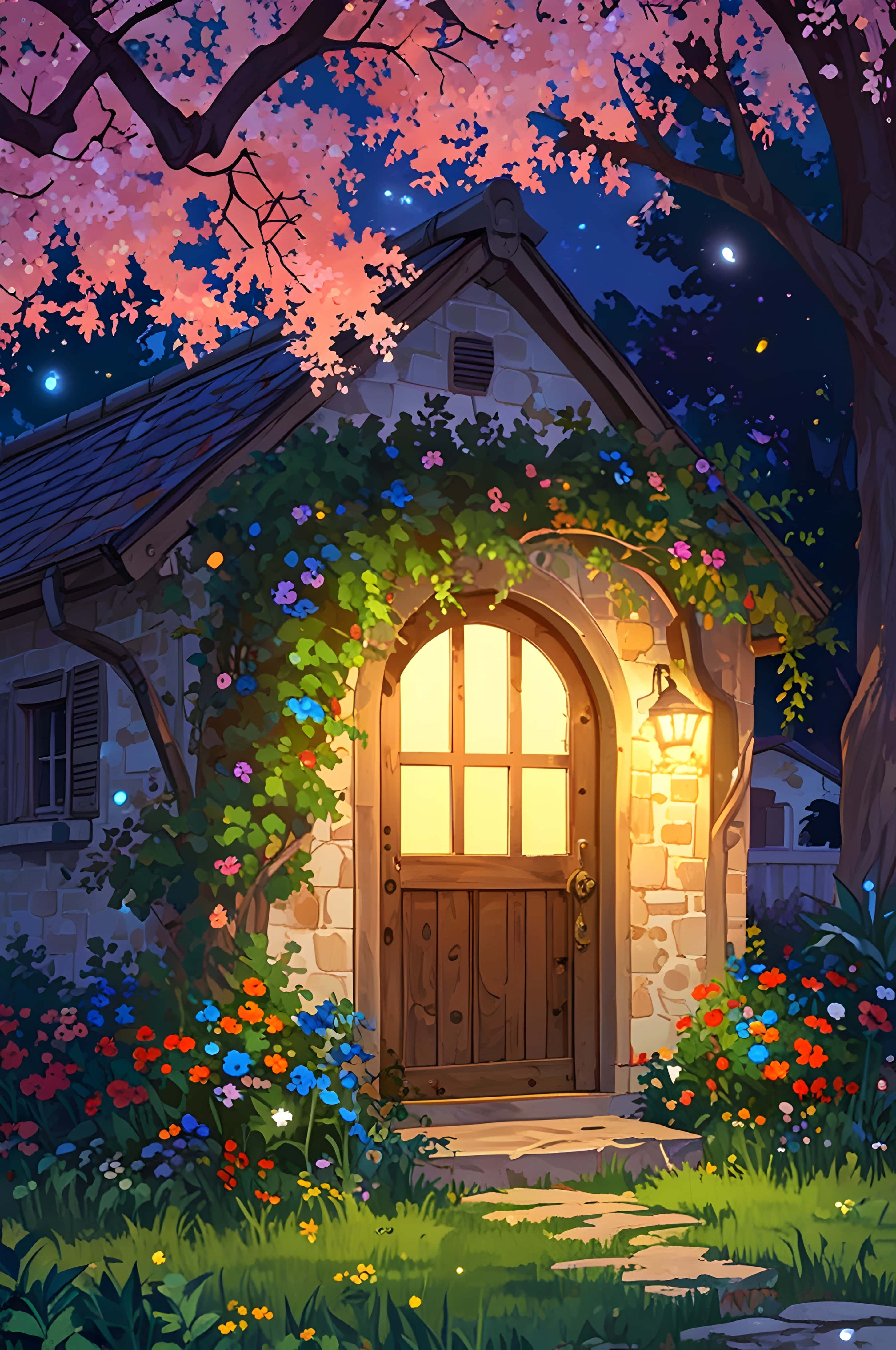 golden glow stone cottage, twilight sky, pink cherry blossoms, 4K Phone Wallpaper