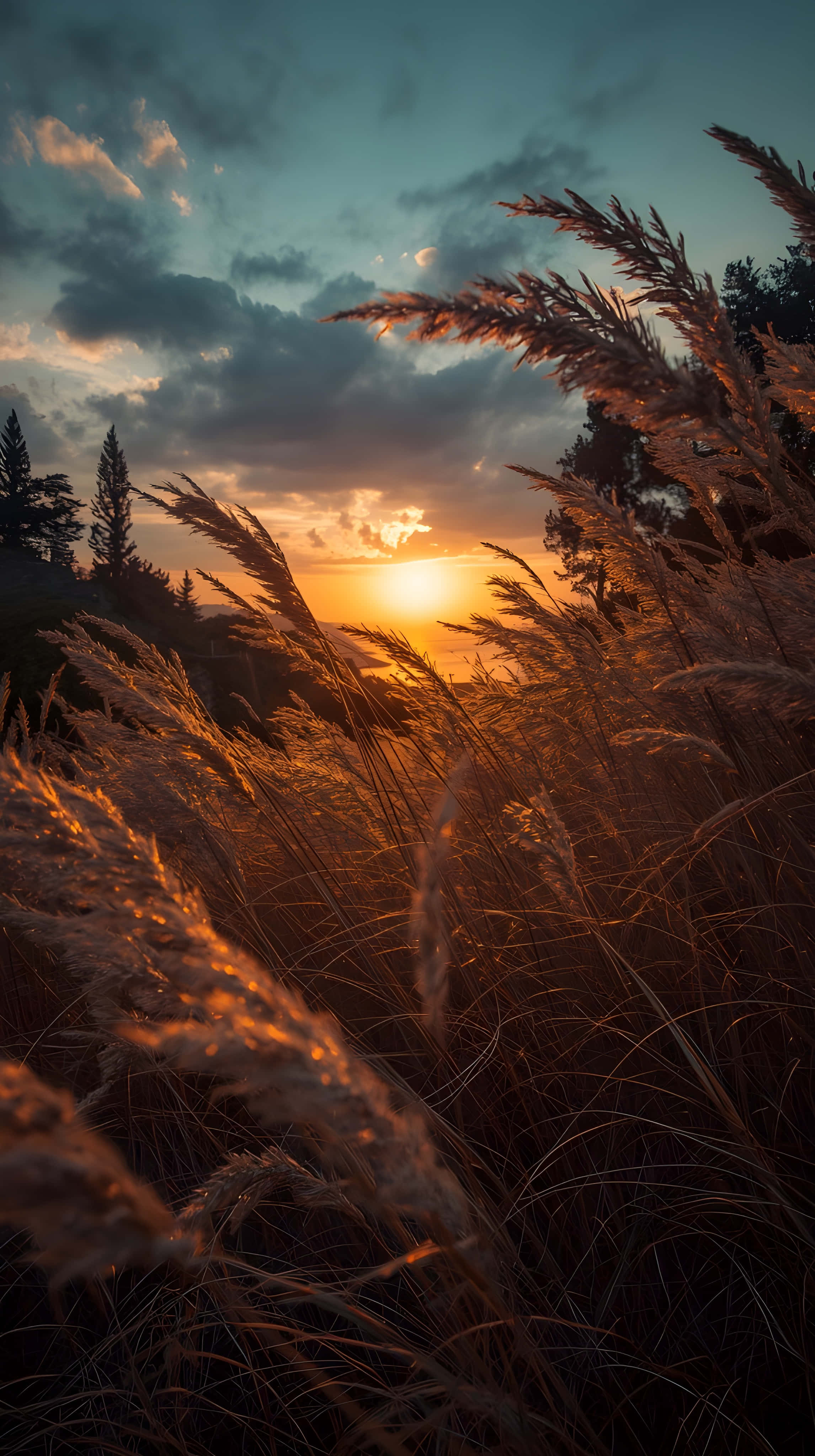 cinematic sunset meadow, golden sunset, tall grasses, 4K Phone Wallpaper