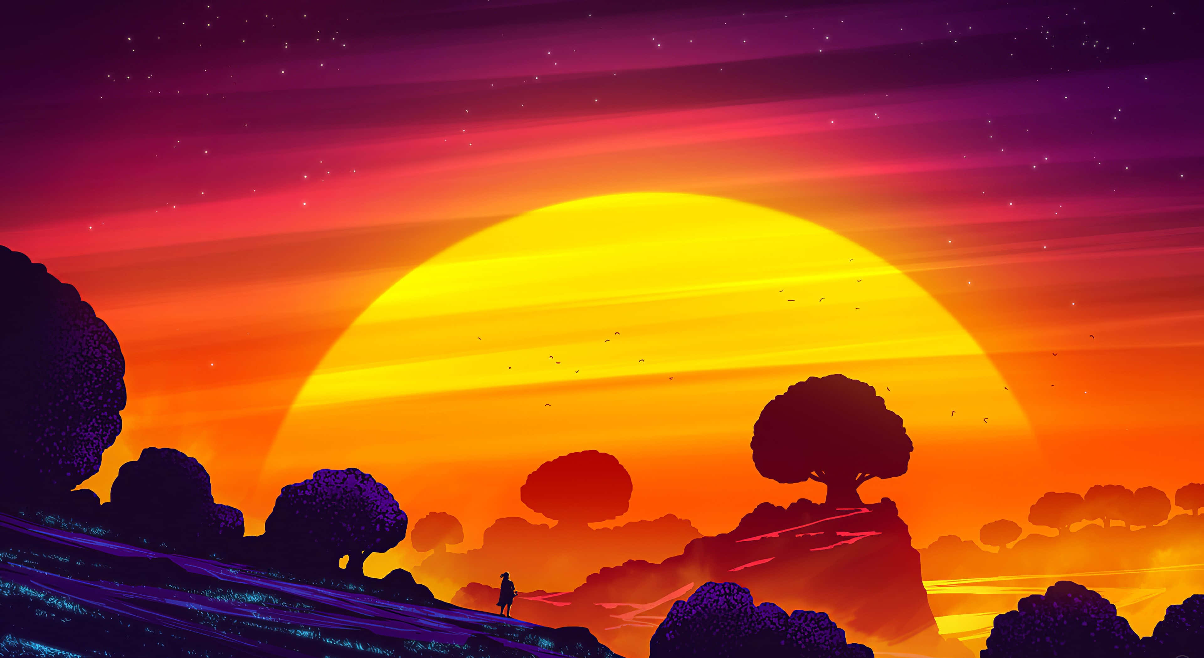 vibrant sunset, glowing hill, colossal sun, 4K Desktop Wallpaper