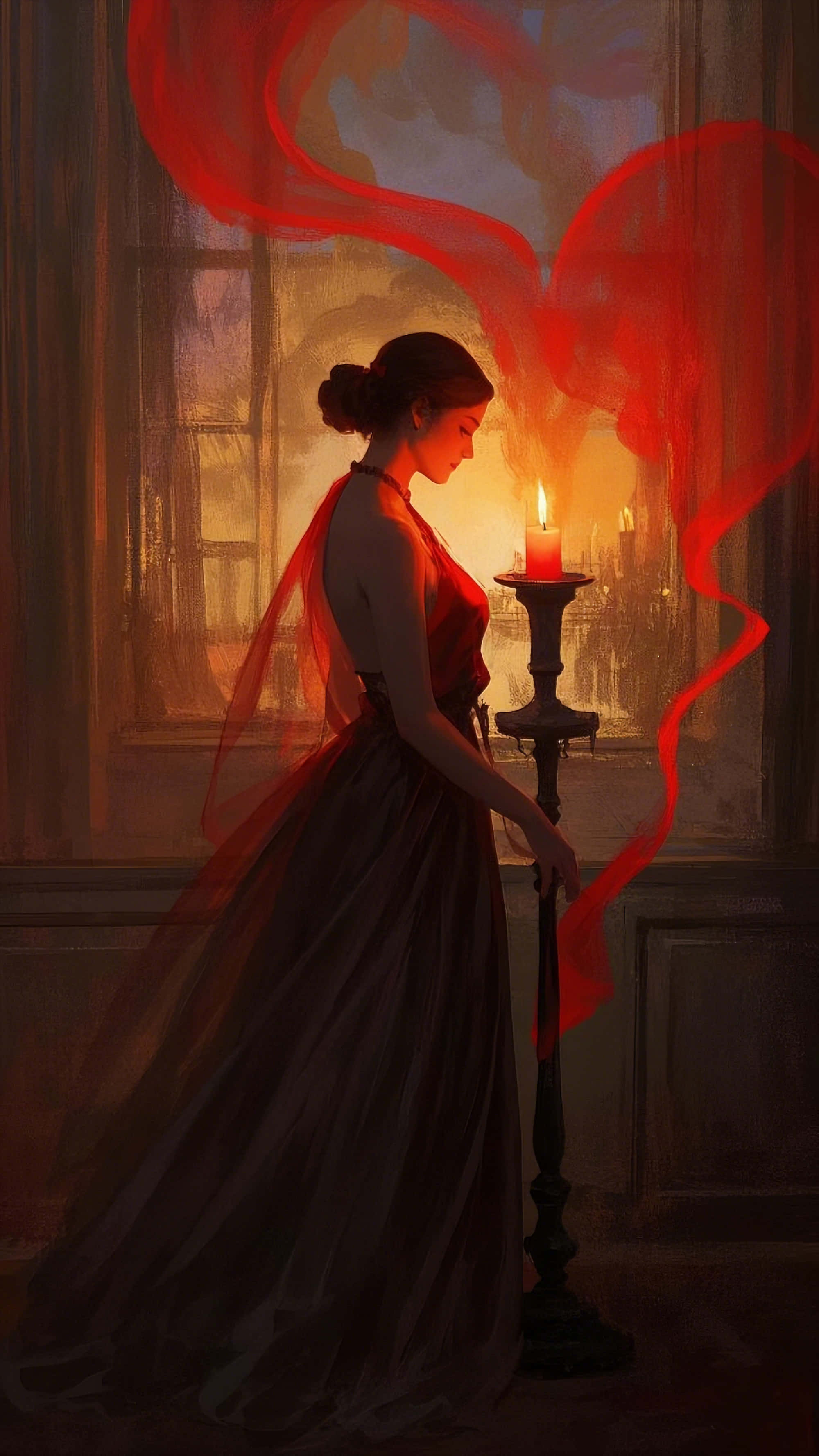 red gown, candle, vibrant red fabric, 2K Phone Wallpaper