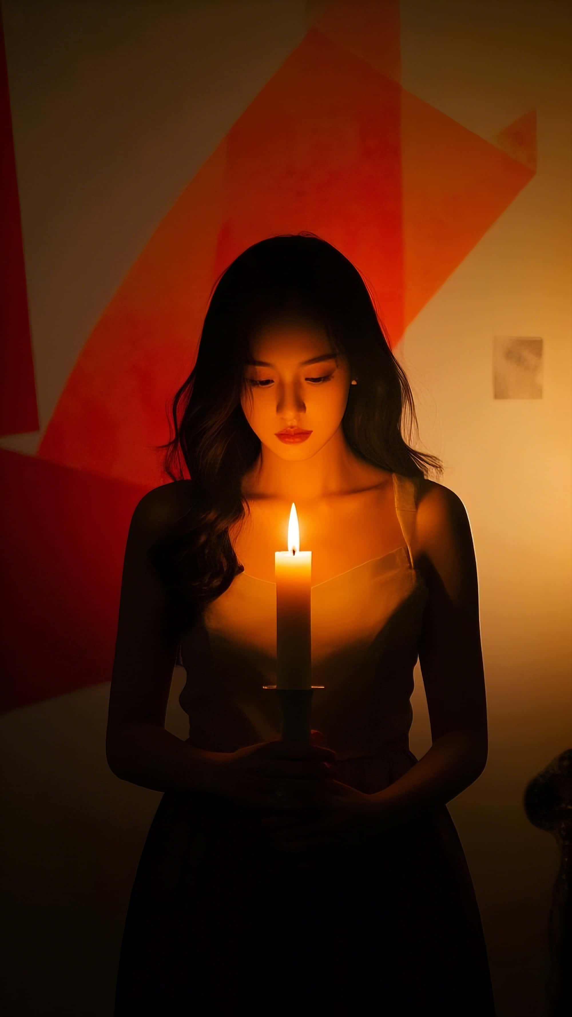 candlelit silhouette, woman in a dark dress, lit candle, 2K Phone Wallpaper