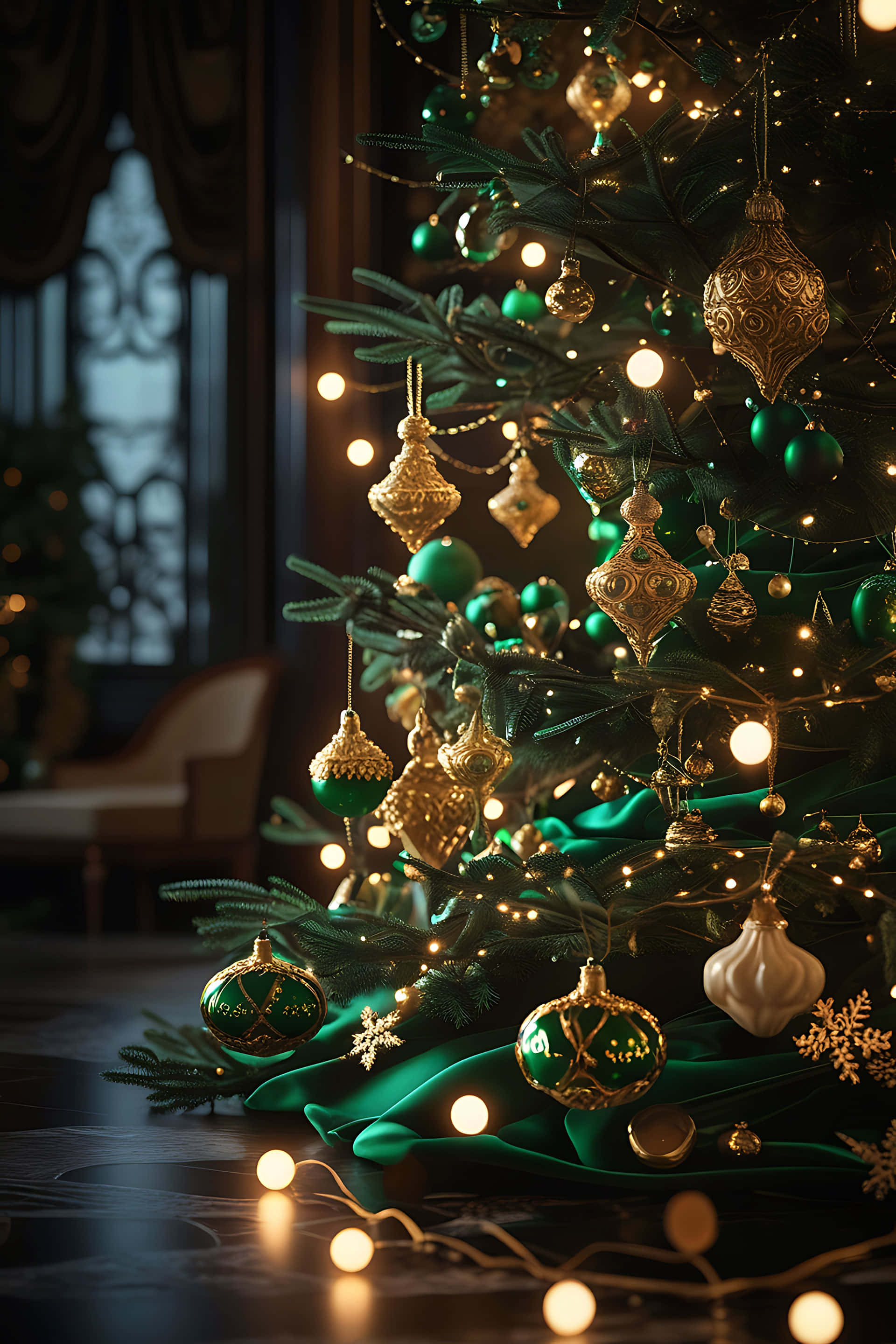 elegant christmas tree, green and gold ornaments, dimly lit elegant room, 2K Phone Wallpaper