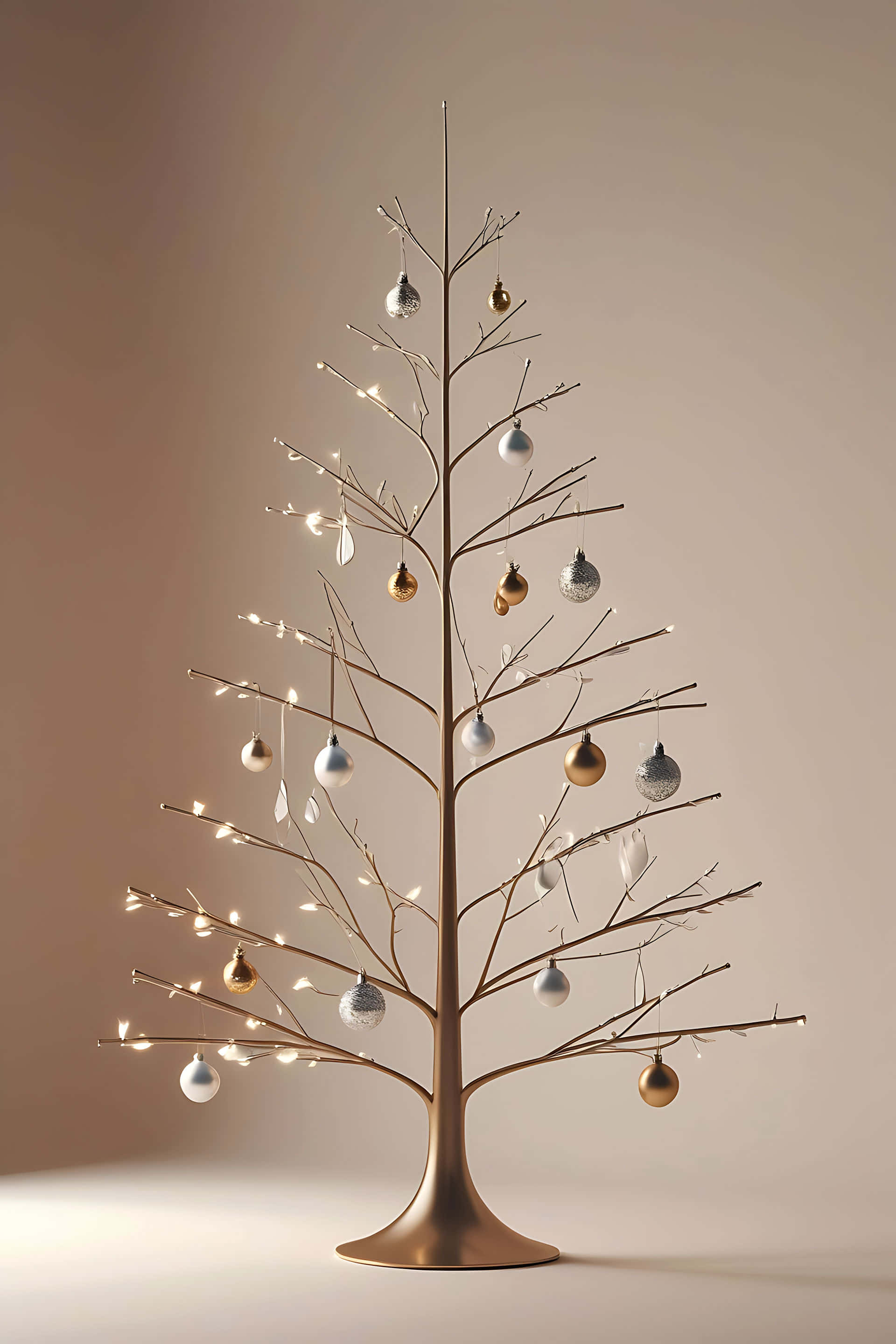metallic tree, silver and gold ornaments, warm string lights, 2K Phone Wallpaper