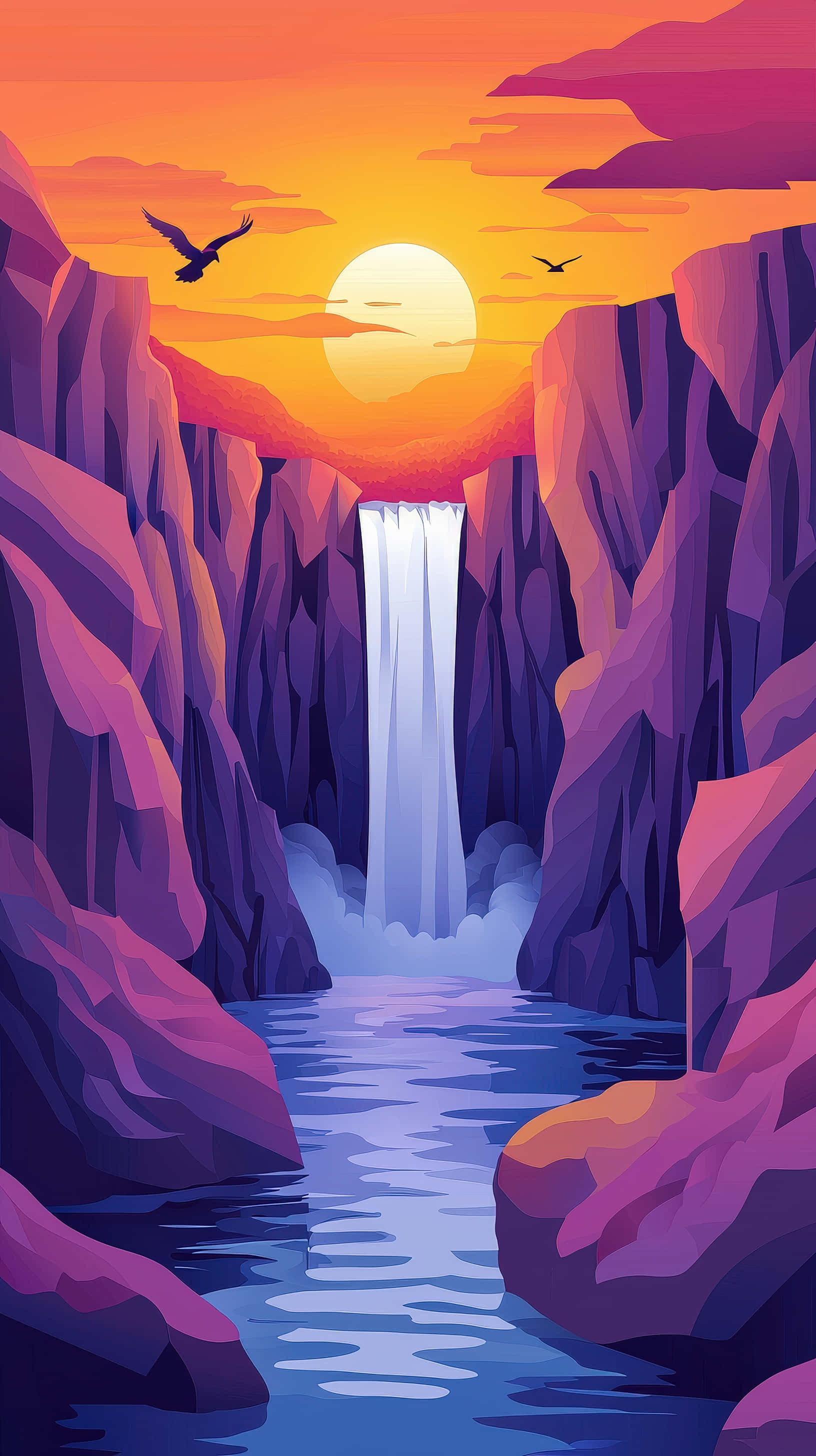 vibrant digital illustration, waterfall, canyon, 2K Phone Wallpaper